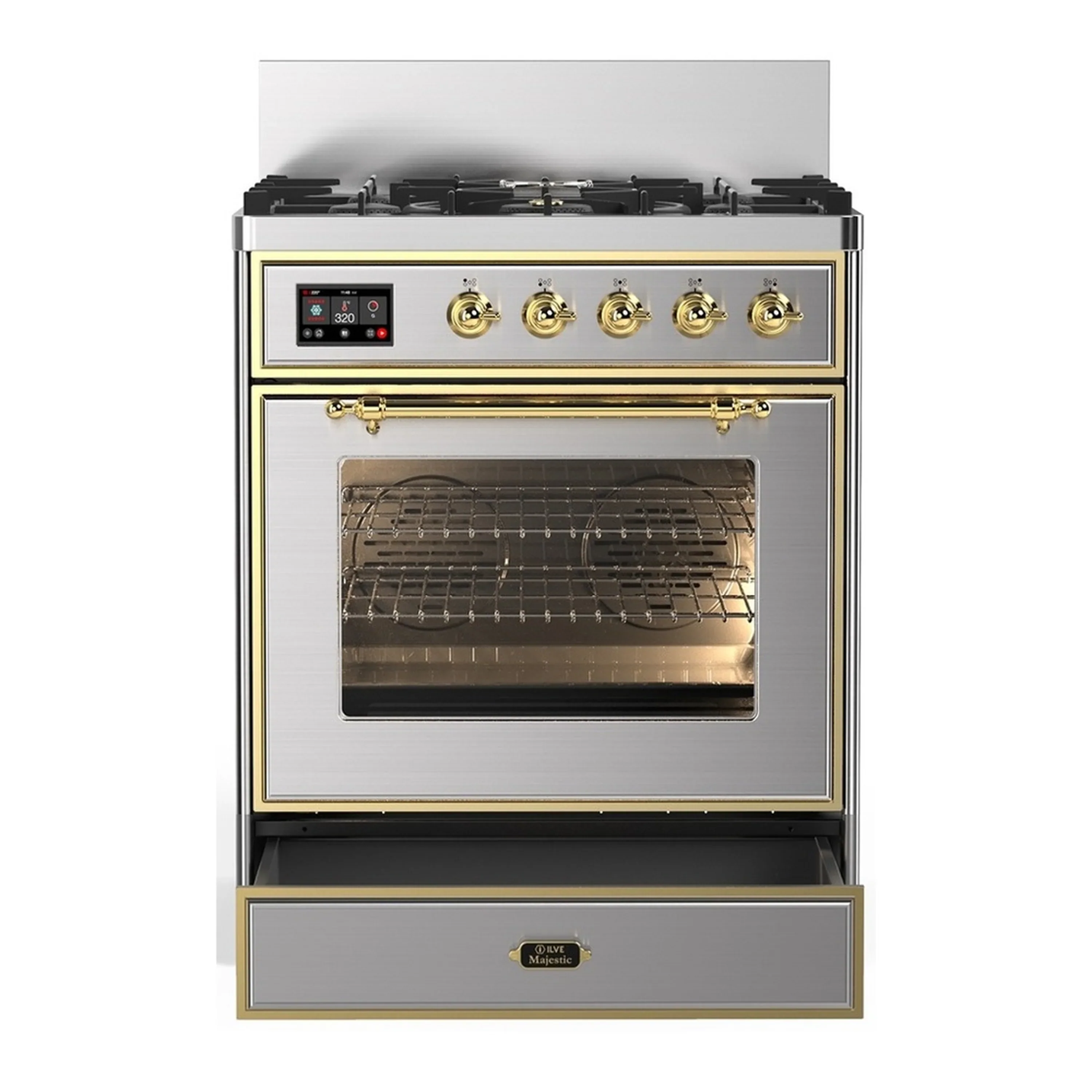 ILVE Majestic III 30-inch Dual Fuel Range with 5 Natural Gas Burner and Triple Glass Door Electric Oven in Stainless Steel with Brass Trim (UM30NR3SSG) - Image 3