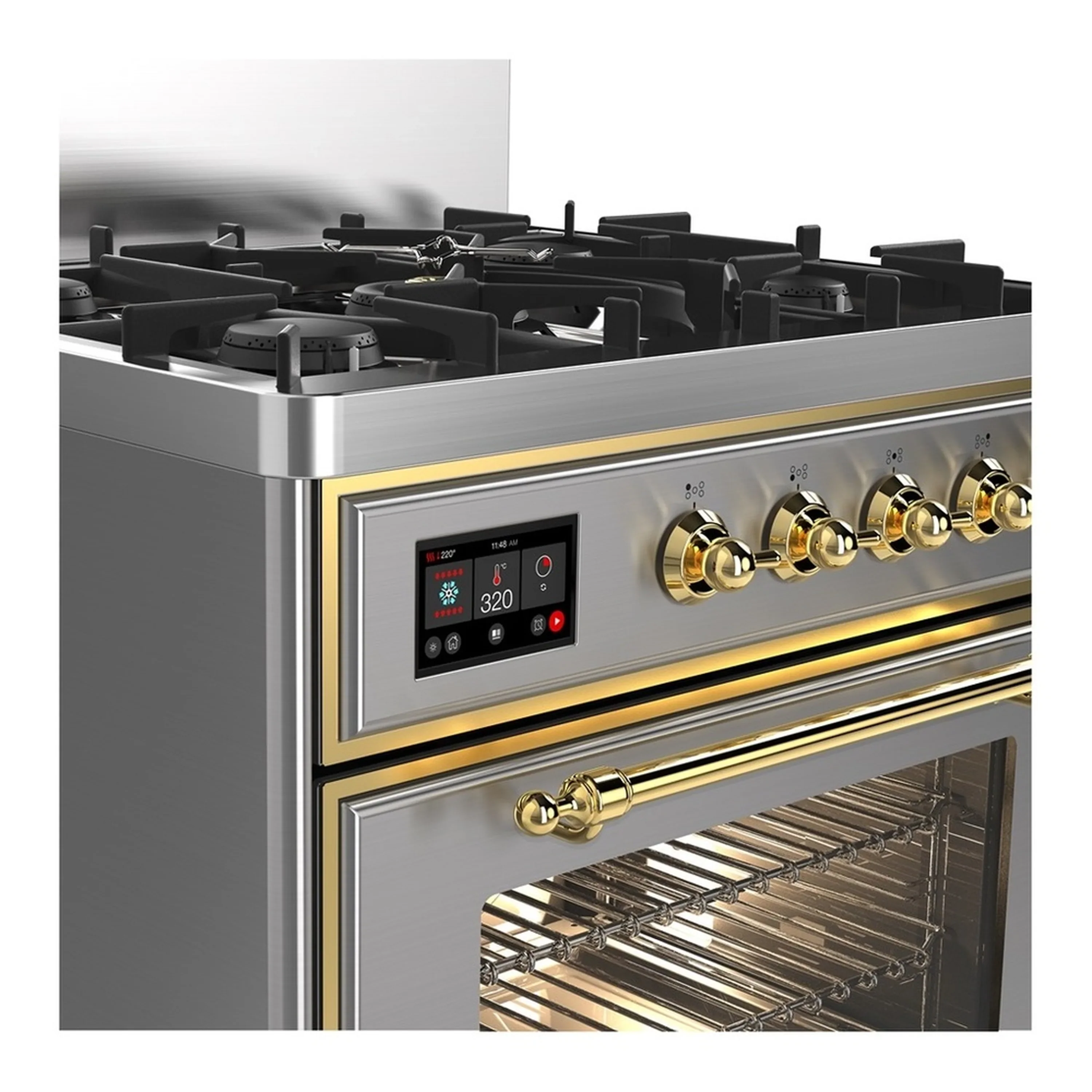 ILVE Majestic III 30-inch Dual Fuel Range with 5 Natural Gas Burner and Triple Glass Door Electric Oven in Stainless Steel with Brass Trim (UM30NR3SSG) - Image 5