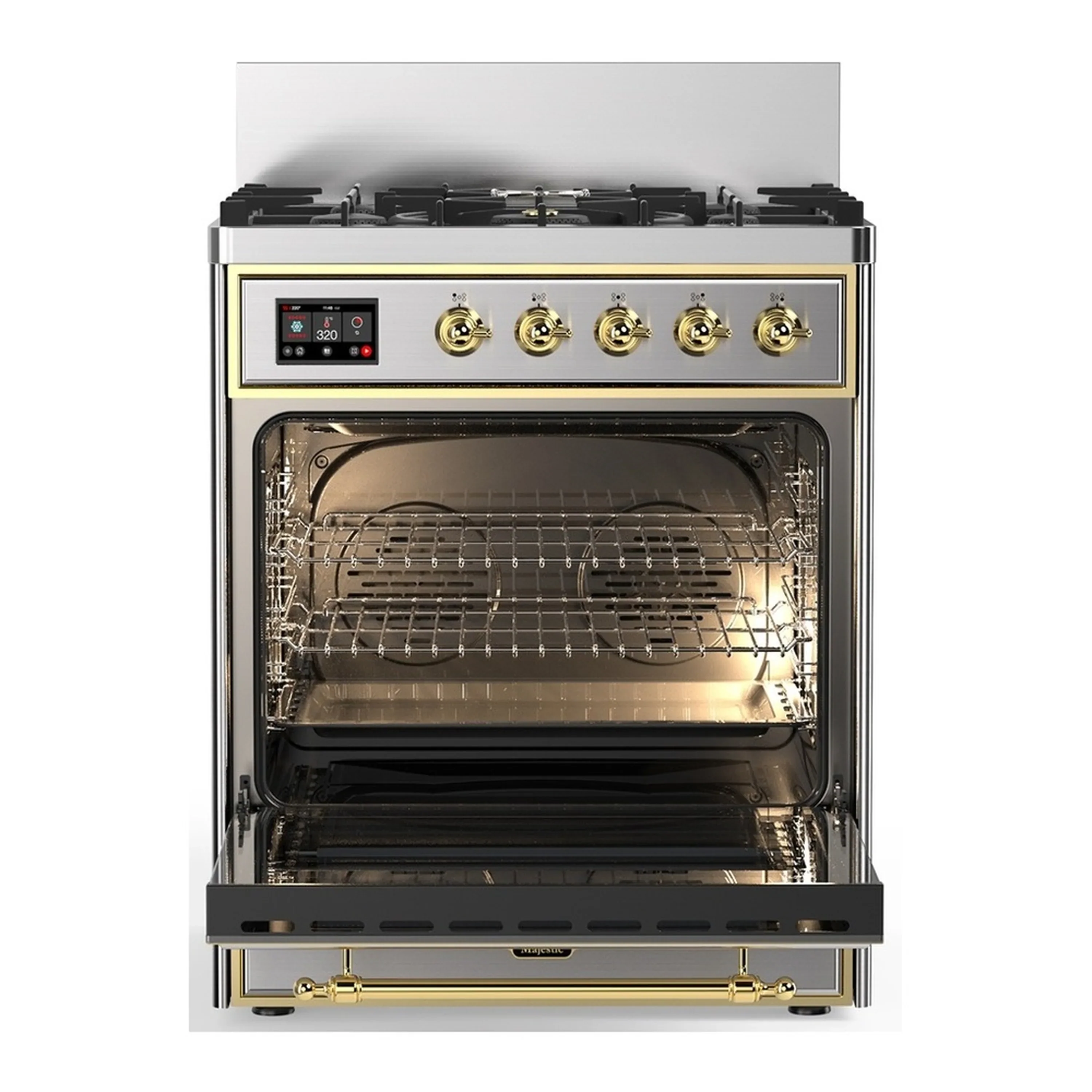 ILVE Majestic III 30-inch Dual Fuel Range with 5 Liquid Propane Burner and Triple Glass Door Electric Oven in Stainless Steel with Brass Trim (UM30NR3SSGLP) - Image 4