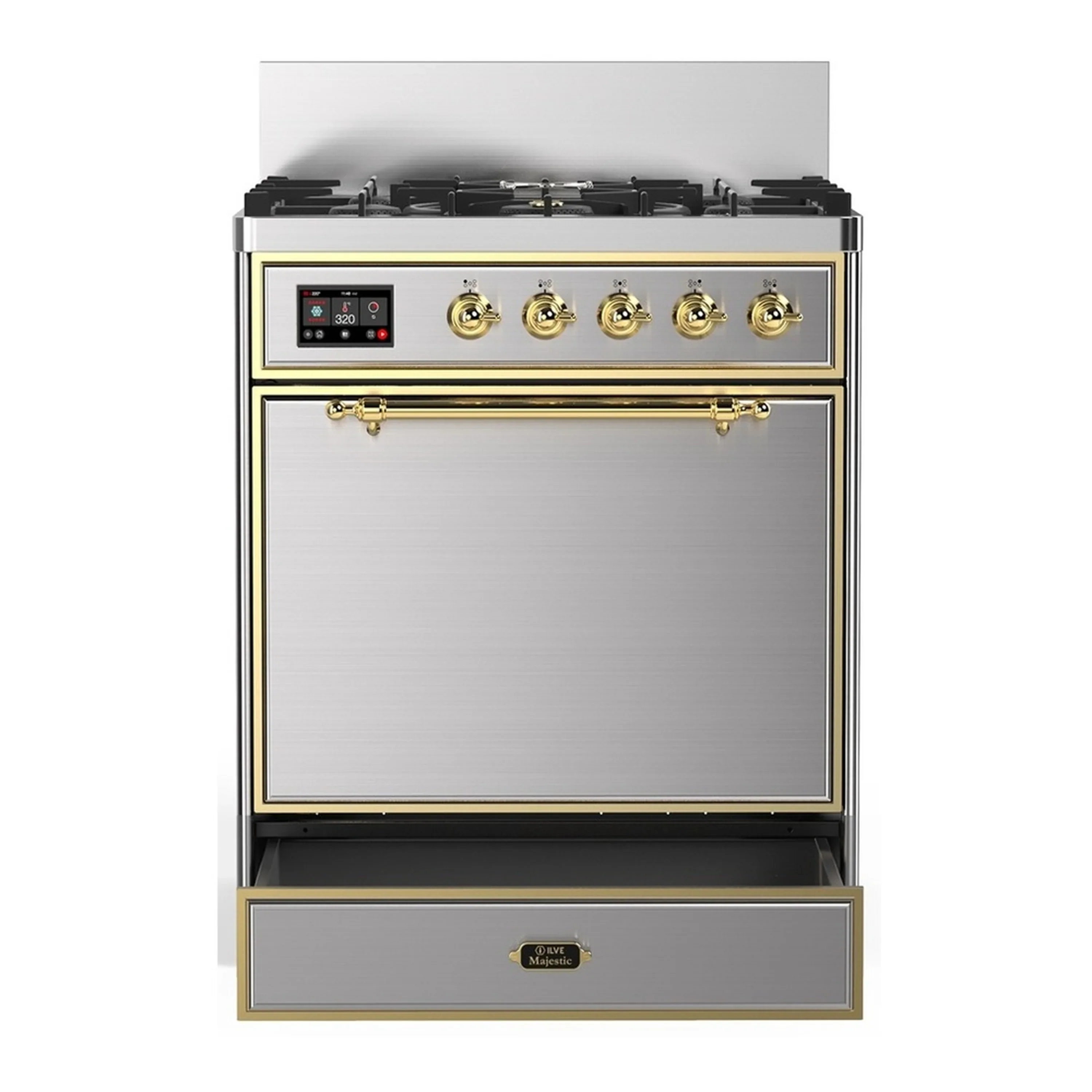 ILVE Majestic III 30-inch Dual Fuel Range with 5 Natural Gas Burner and Solid Door Electric Oven in Stainless Steel with Brass Trim (UM30QNR3SSG) - Image 3