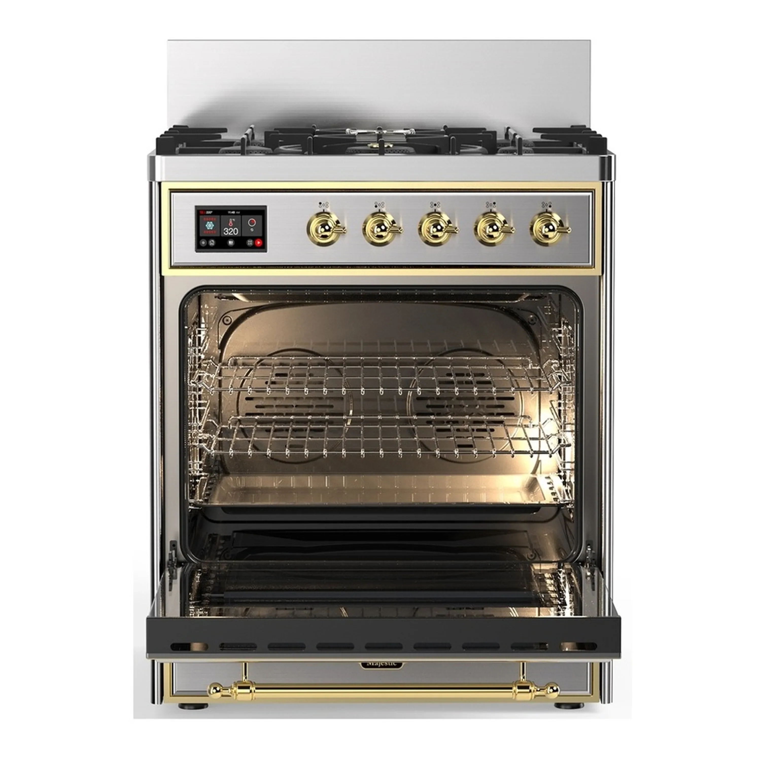 ILVE Majestic III 30-inch Dual Fuel Range with 5 Liquid Propane Burner and Solid Door Electric Oven in Stainless Steel with Brass Trim (UM30QNR3SSGLP) - Image 4