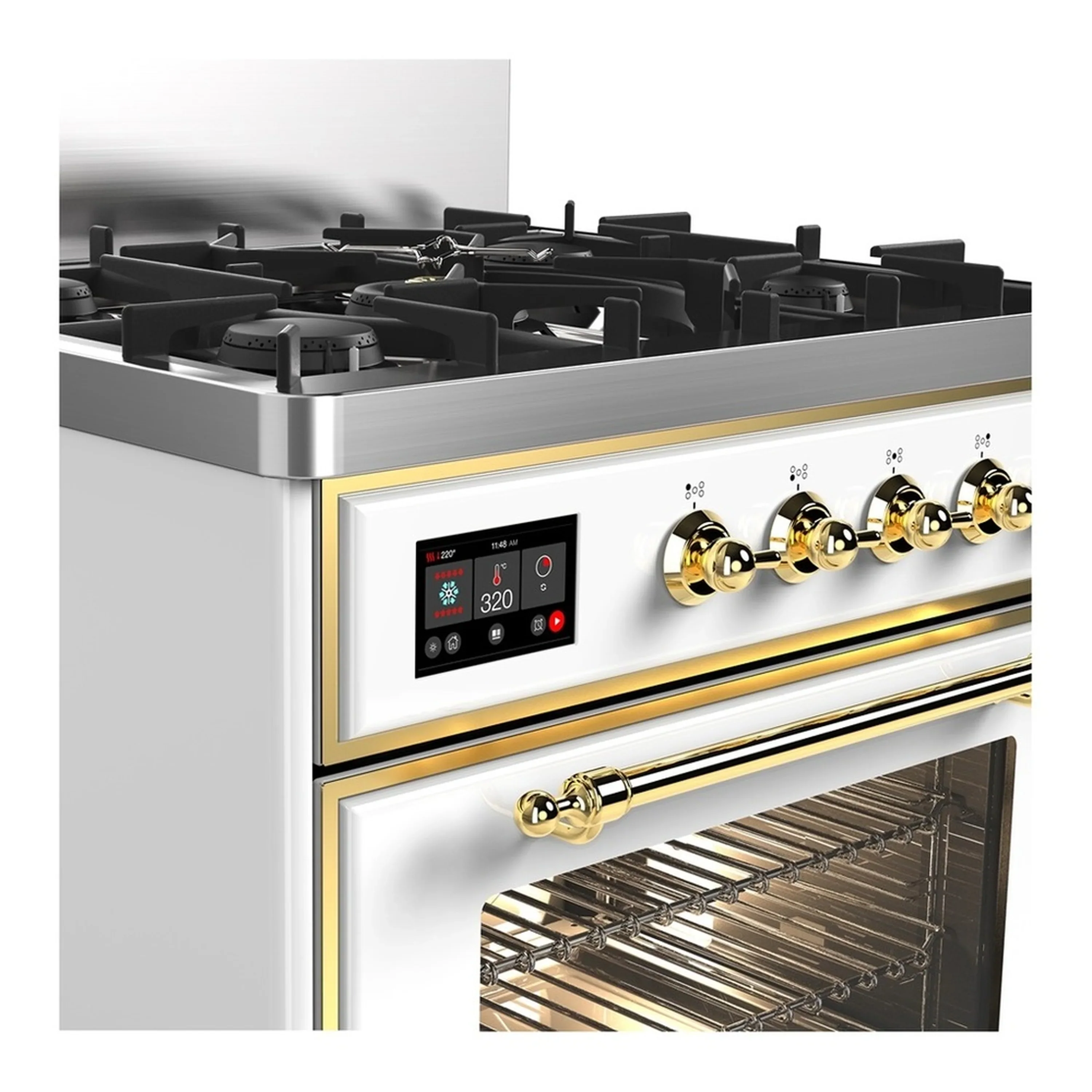ILVE Majestic III 30-inch Dual Fuel Range with 5 Natural Gas Burner and Triple Glass Door Electric Oven in White with Brass Trim (UM30NR3WHG) - Image 5