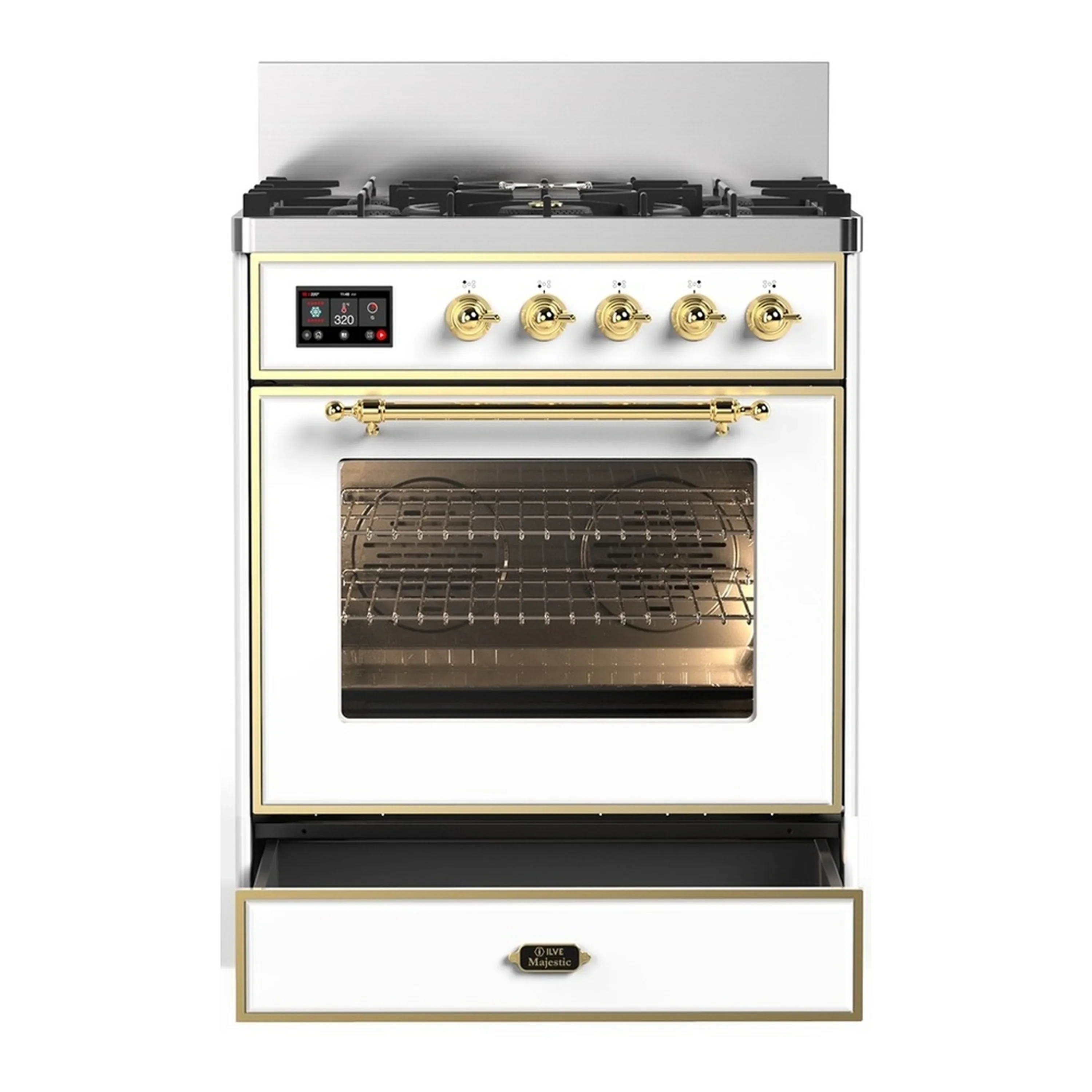 ILVE Majestic III 30-inch Dual Fuel Range with 5 Liquid Propane Burner and Triple Glass Door Electric Oven in White with Brass Trim (UM30NR3WHGLP) - Image 3