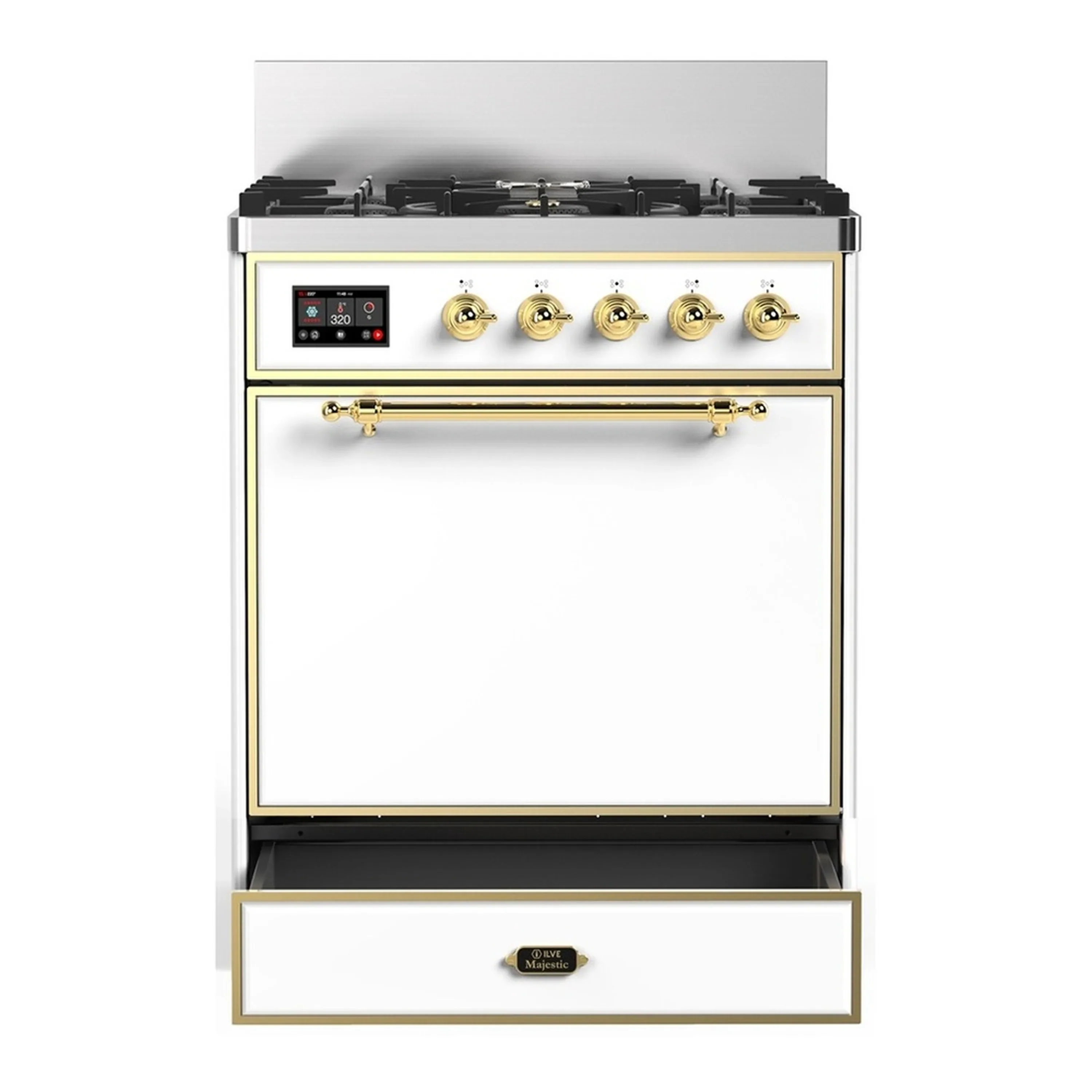 ILVE Majestic III 30-inch Dual Fuel Range with 5 Natural Gas Burner and Solid Door Electric Oven in White with Brass Trim (UM30QNR3WHG) - Image 3