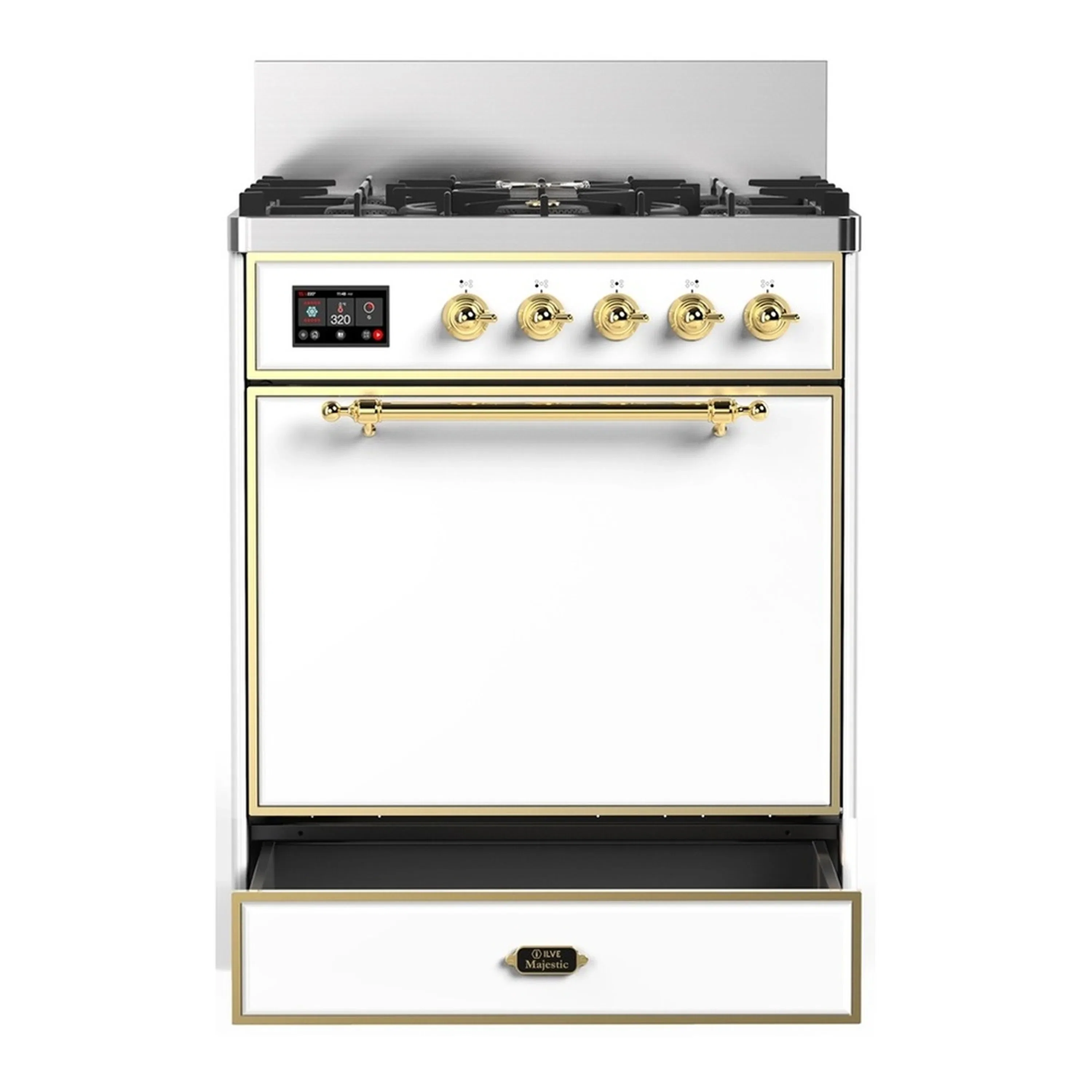 ILVE Majestic III 30-inch Dual Fuel Range with 5 Liquid Propane Burner and Solid Door Electric Oven in White with Brass Trim (UM30QNR3WHGLP) - Image 3
