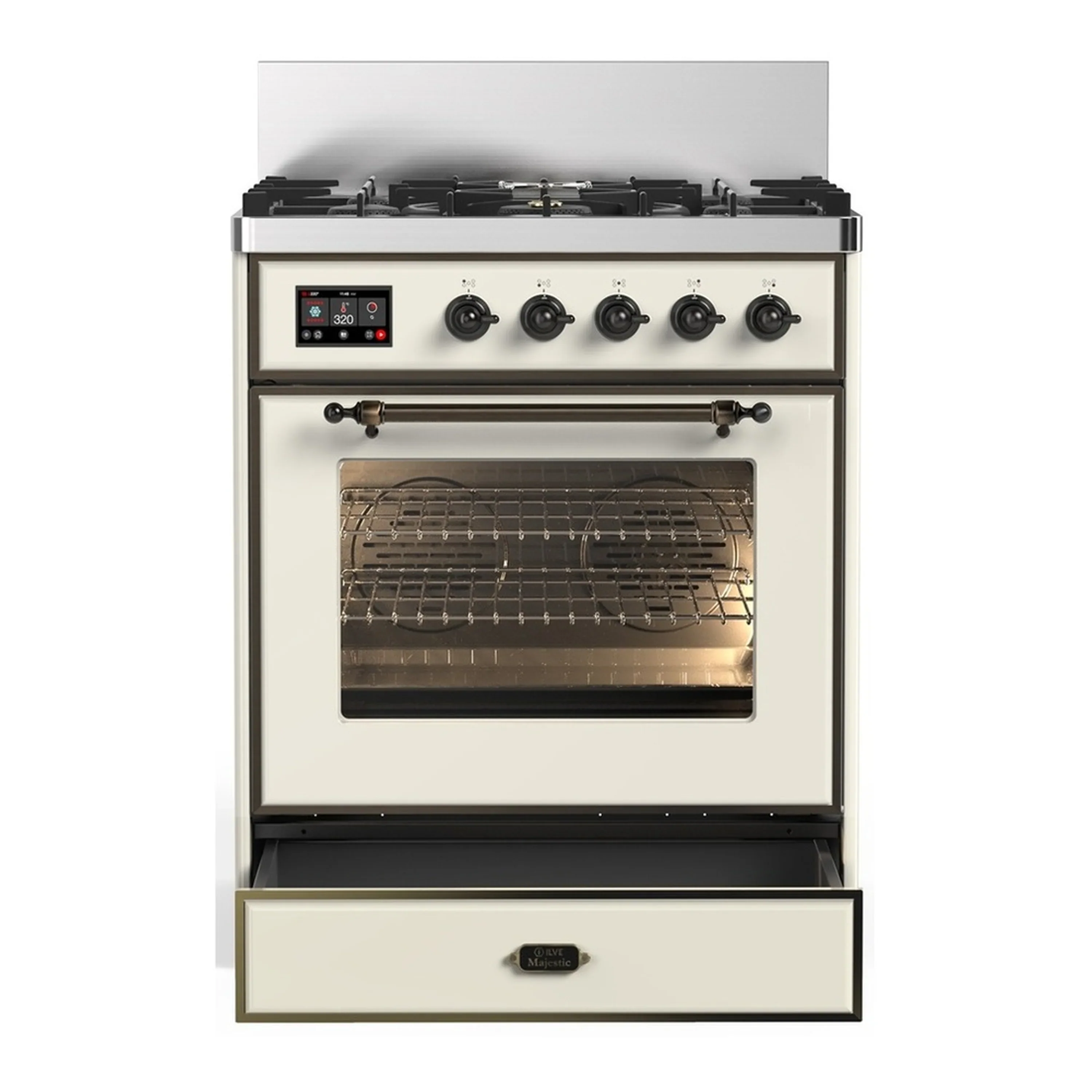 ILVE Majestic III 30-inch Dual Fuel Range with 5 Natural Gas Burner and Triple Glass Door Electric Oven in Antique White with Burnished Trim (UM30NR3AWB) - Image 3