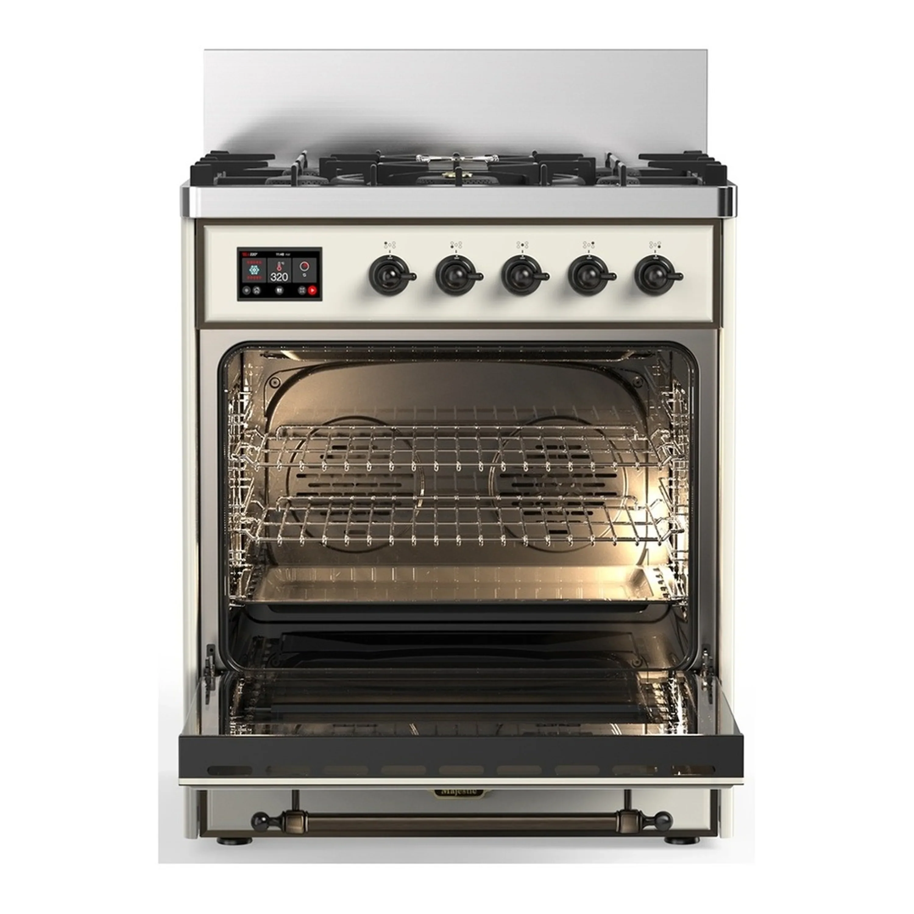 ILVE Majestic III 30-inch Dual Fuel Range with 5 Natural Gas Burner and Solid Door Electric Oven in Antique White with Burnished Trim (UM30QNR3AWB) - Image 4