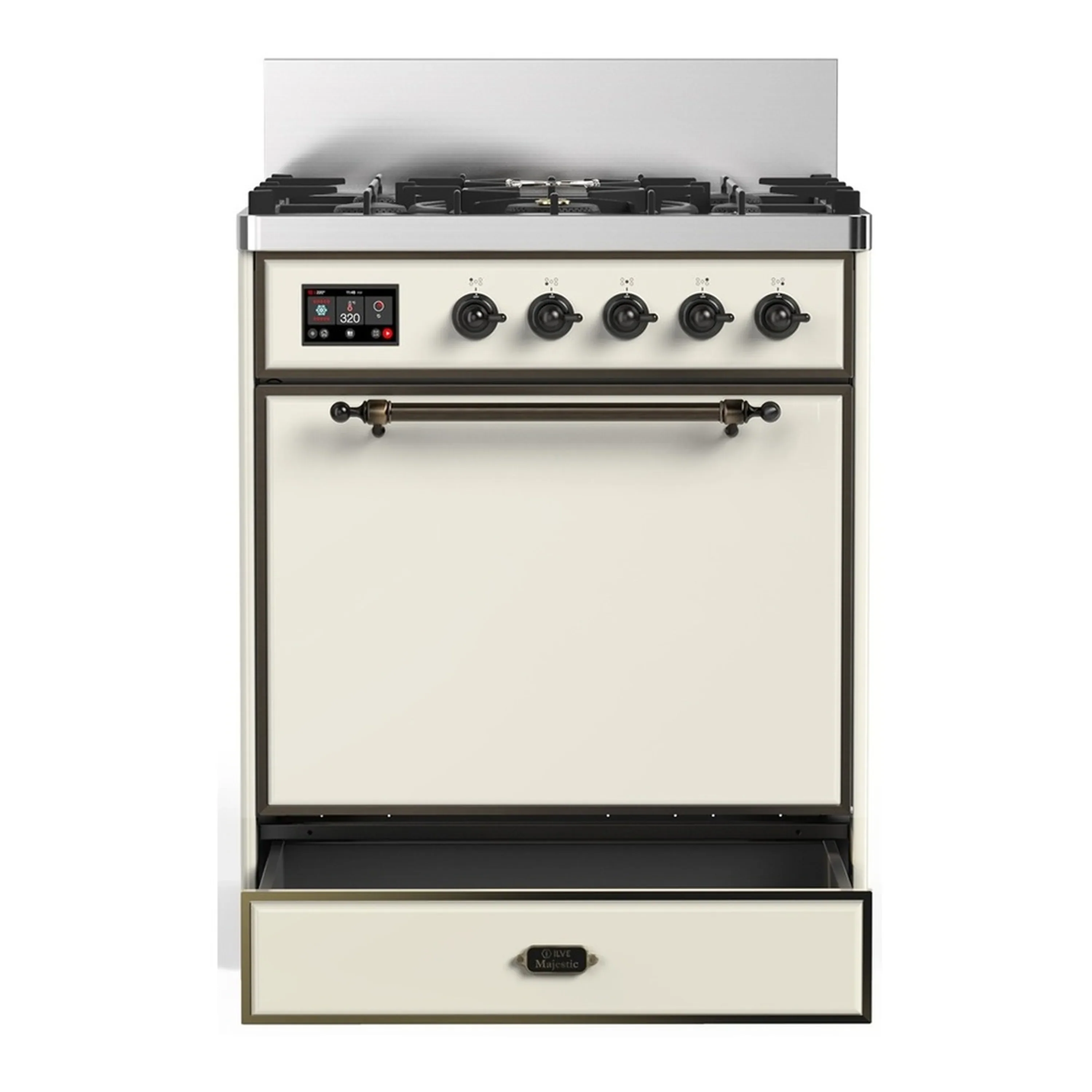 ILVE Majestic III 30-inch Dual Fuel Range with 5 Liquid Propane Burner and Solid Door Electric Oven in Antique White with Burnished Trim (UM30QNR3AWBLP) - Image 3