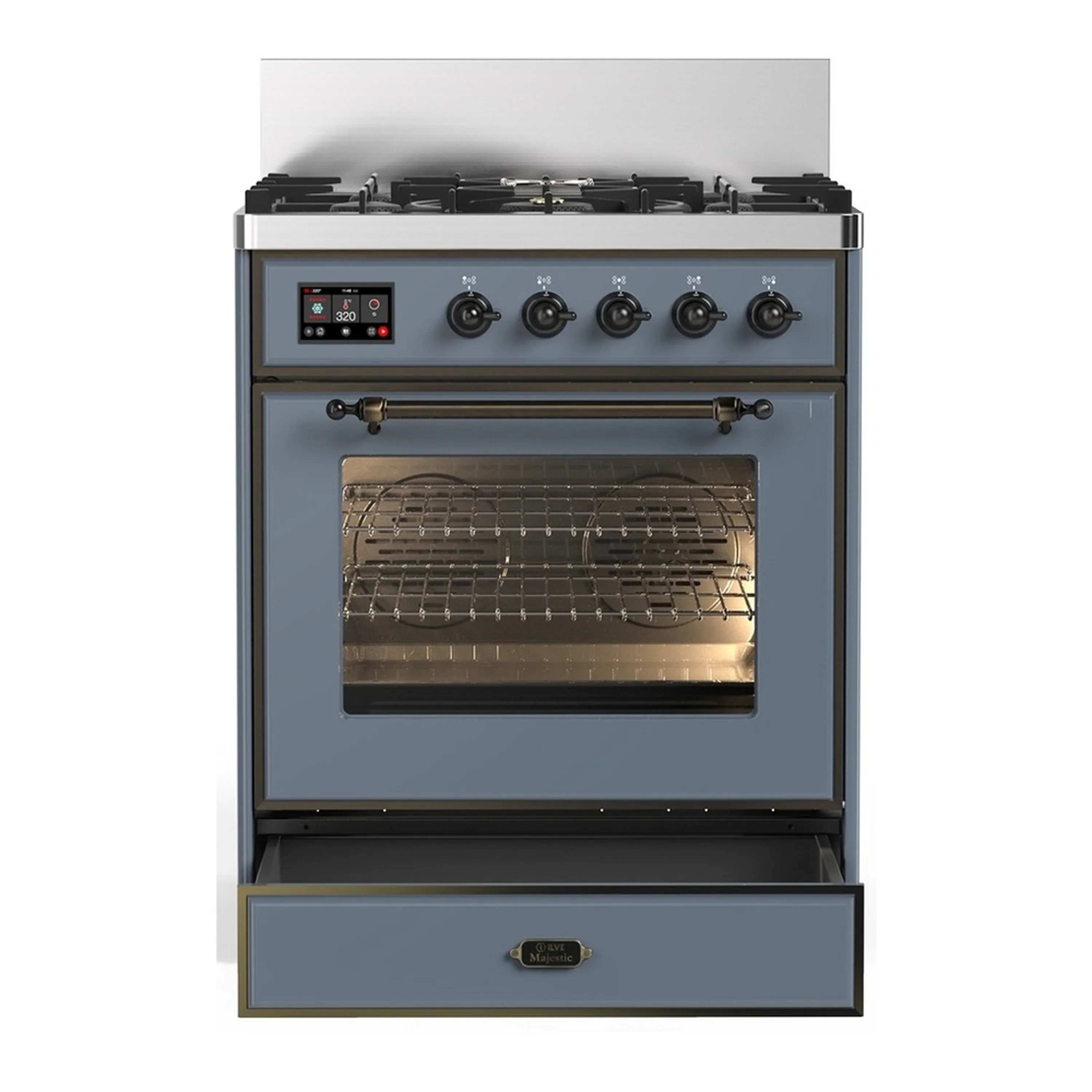 ILVE Majestic III 30-inch Dual Fuel Range with 5 Natural Gas Burner and Triple Glass Door Electric Oven in Blue Grey with Burnished Trim (UM30NR3BGB) - Image 3