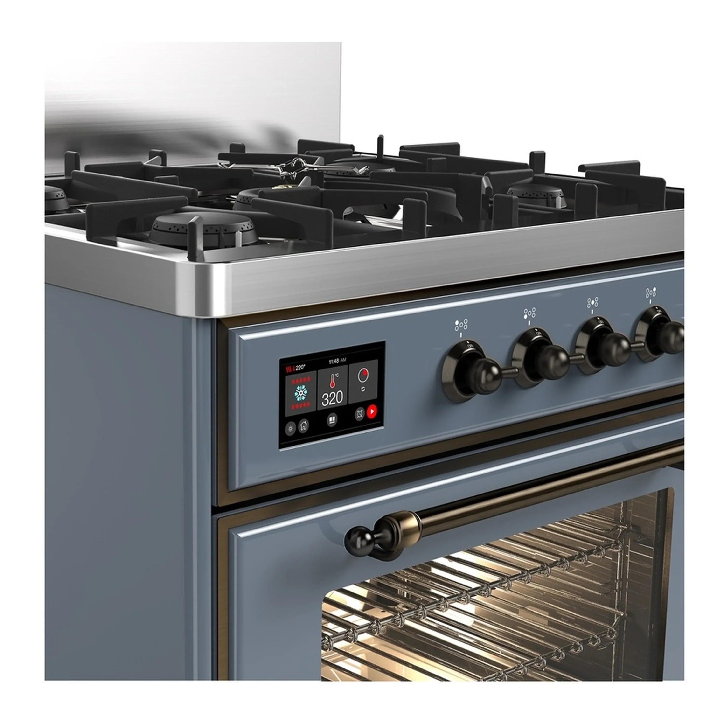 ILVE Majestic III 30-inch Dual Fuel Range with 5 Natural Gas Burner and Triple Glass Door Electric Oven in Blue Grey with Burnished Trim (UM30NR3BGB) - Image 5