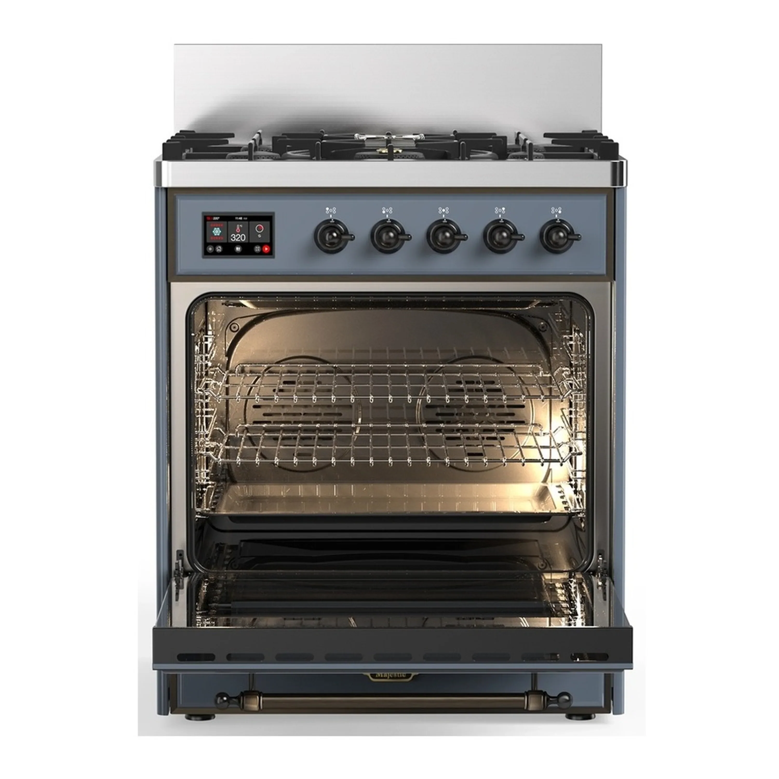 ILVE Majestic III 30-inch Dual Fuel Range with 5 Natural Gas Burner and Solid Door Electric Oven in Blue Grey with Burnished Trim (UM30QNR3BGB) - Image 4