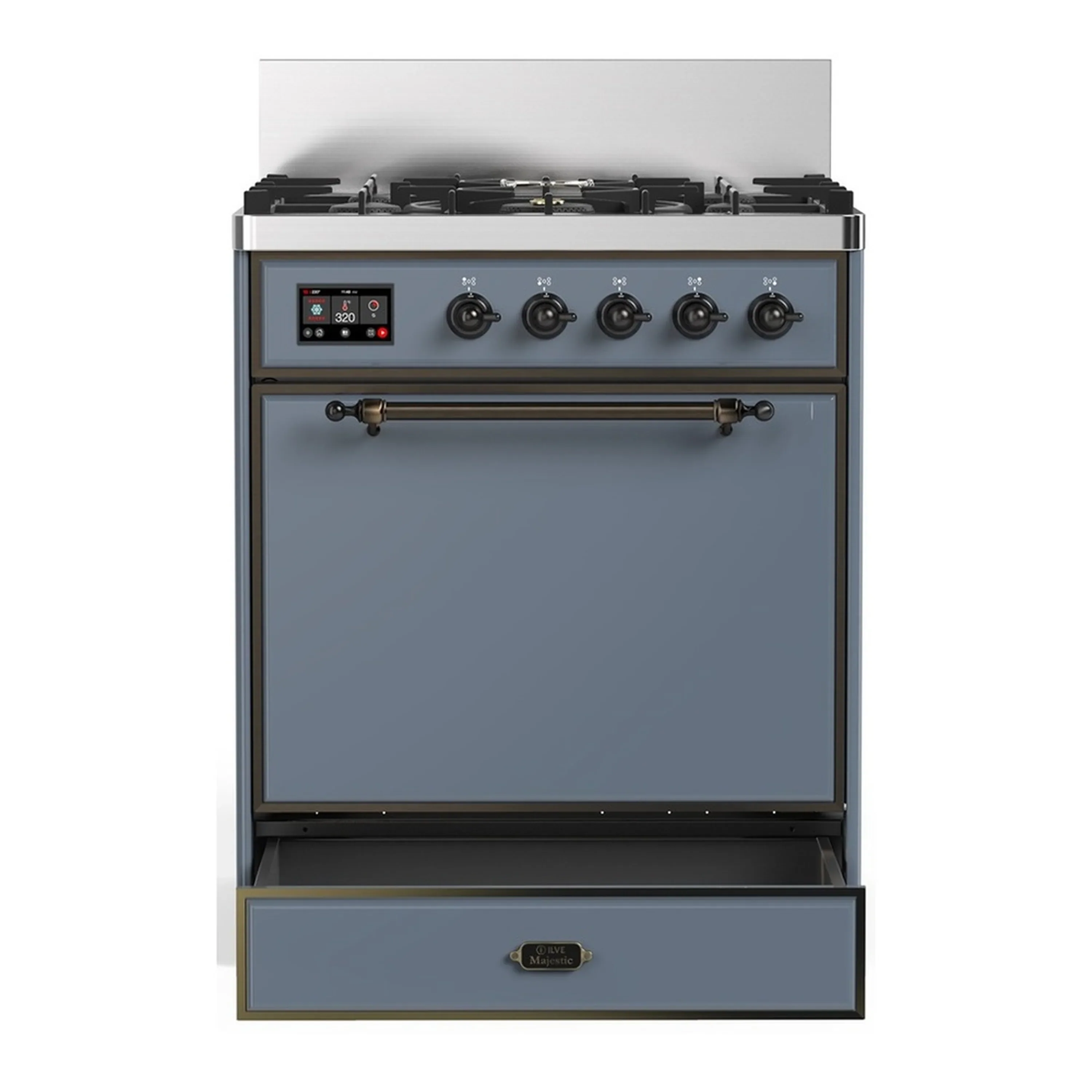ILVE Majestic III 30-inch Dual Fuel Range with 5 Liquid Propane Burner and Solid Door Electric Oven in Blue Grey with Burnished Trim (UM30QNR3BGBLP) - Image 3