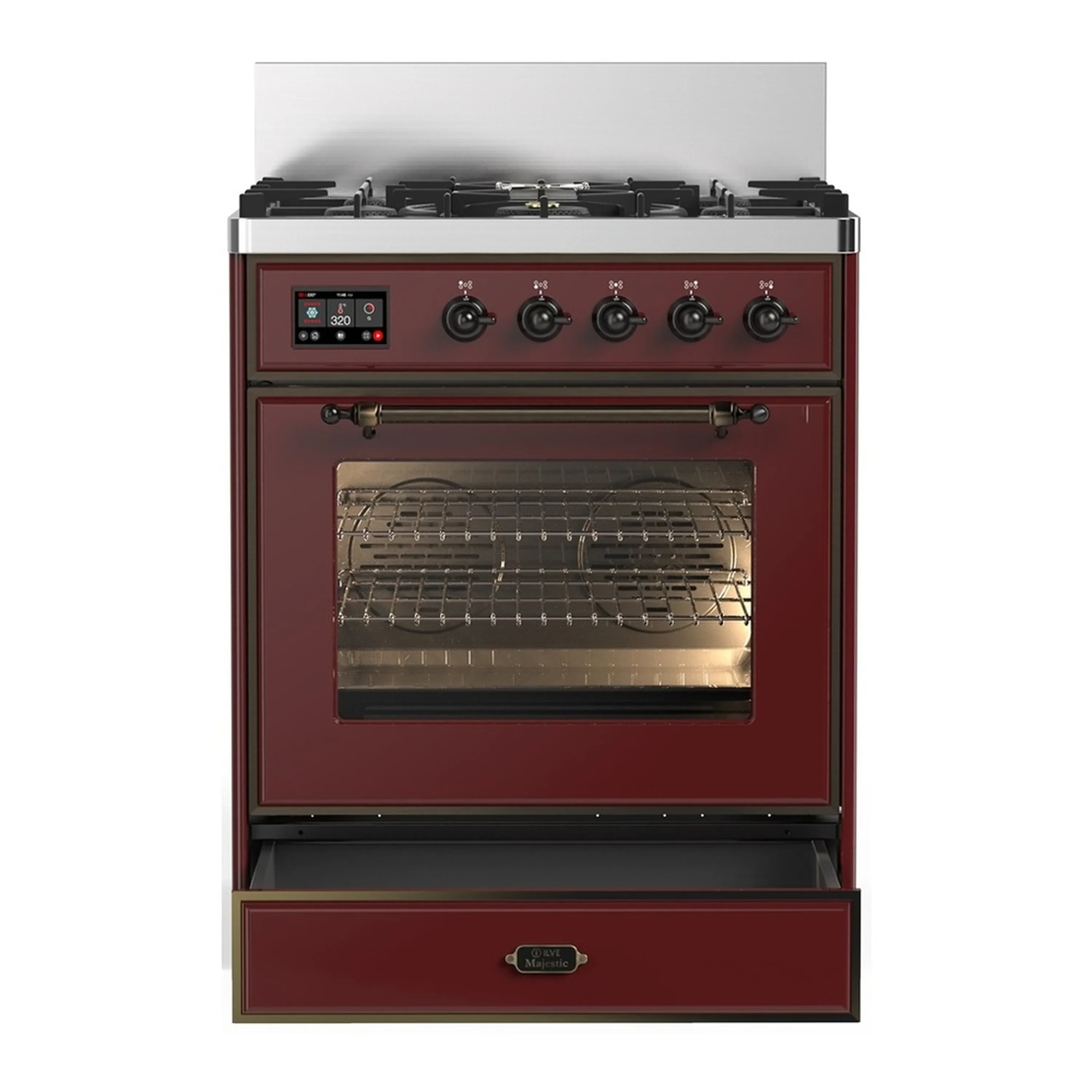 ILVE Majestic III 30-inch Dual Fuel Range with 5 Natural Gas Burner and Triple Glass Door Electric Oven in Burgundy with Burnished Trim (UM30NR3BUB) - Image 3