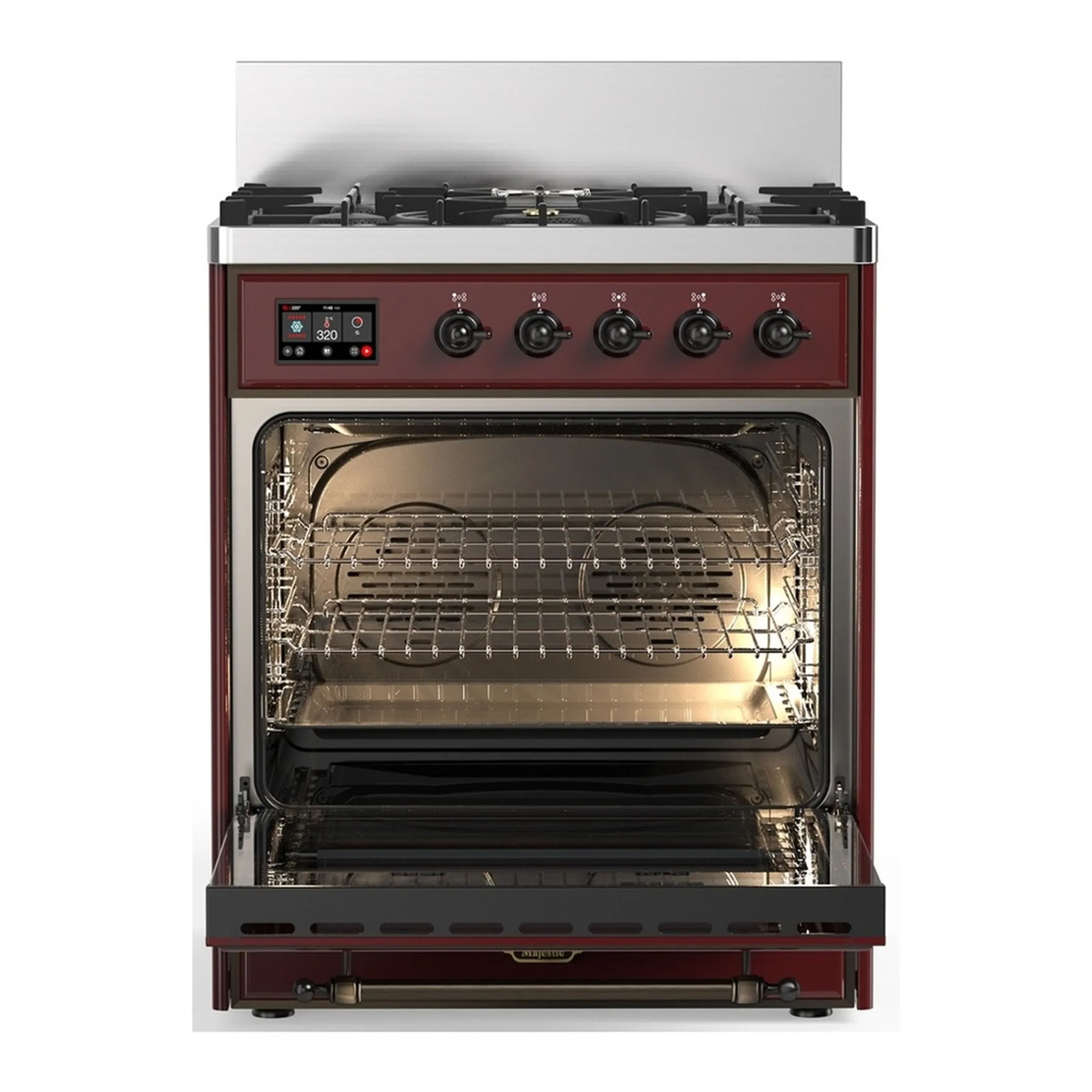 ILVE Majestic III 30-inch Dual Fuel Range with 5 Natural Gas Burner and Triple Glass Door Electric Oven in Burgundy with Burnished Trim (UM30NR3BUB) - Image 4