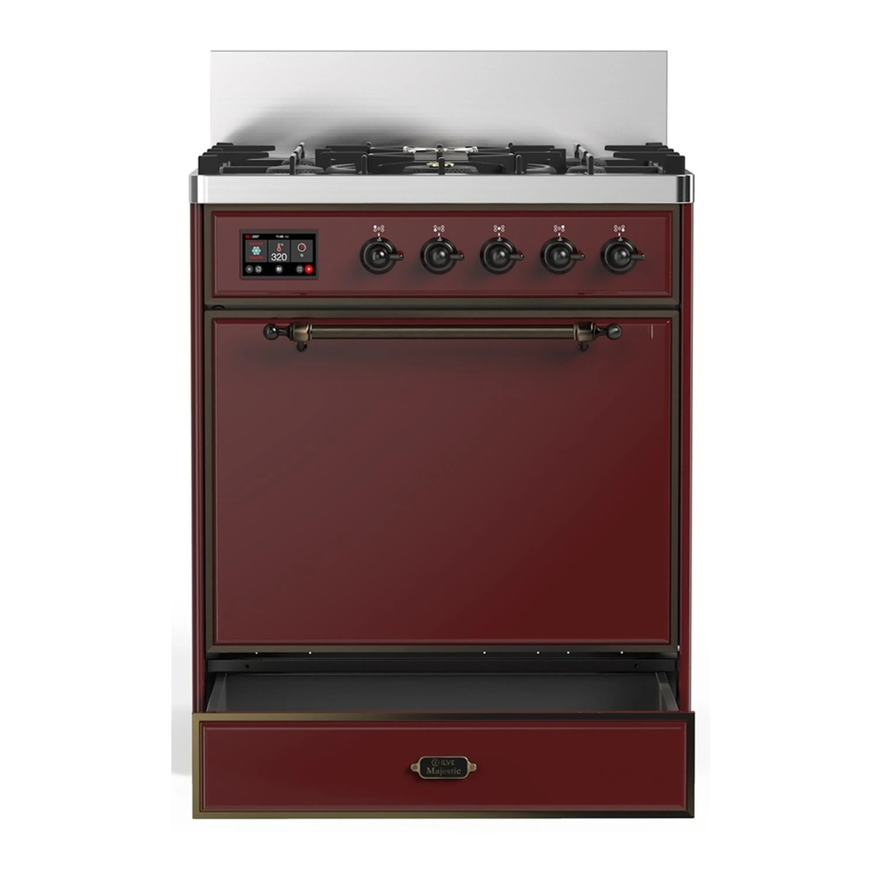 ILVE Majestic III 30-inch Dual Fuel Range with 5 Natural Gas Burner and Solid Door Electric Oven in Burgundy with Burnished Trim (UM30QNR3BUB) - Image 3