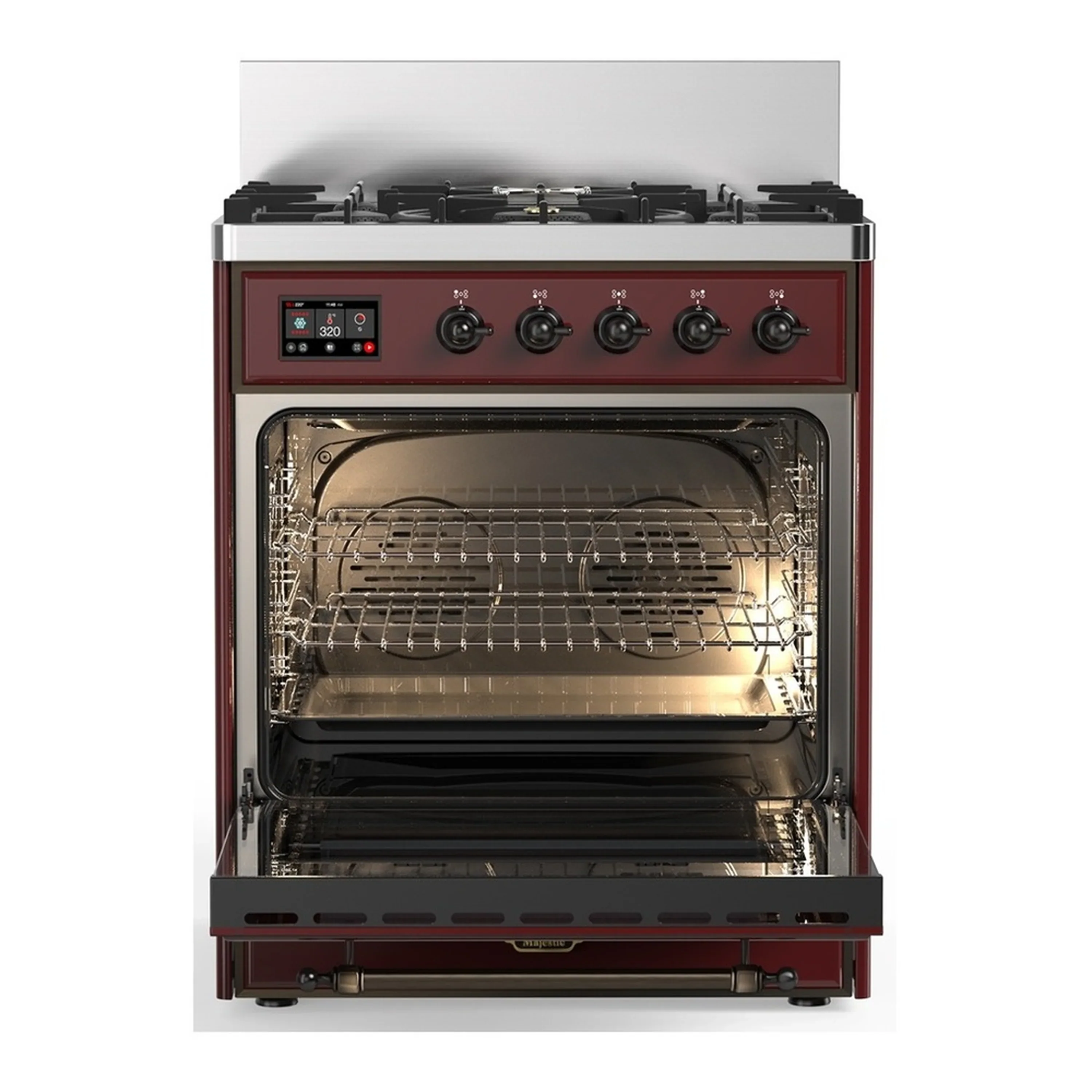 ILVE Majestic III 30-inch Dual Fuel Range with 5 Natural Gas Burner and Solid Door Electric Oven in Burgundy with Burnished Trim (UM30QNR3BUB) - Image 4
