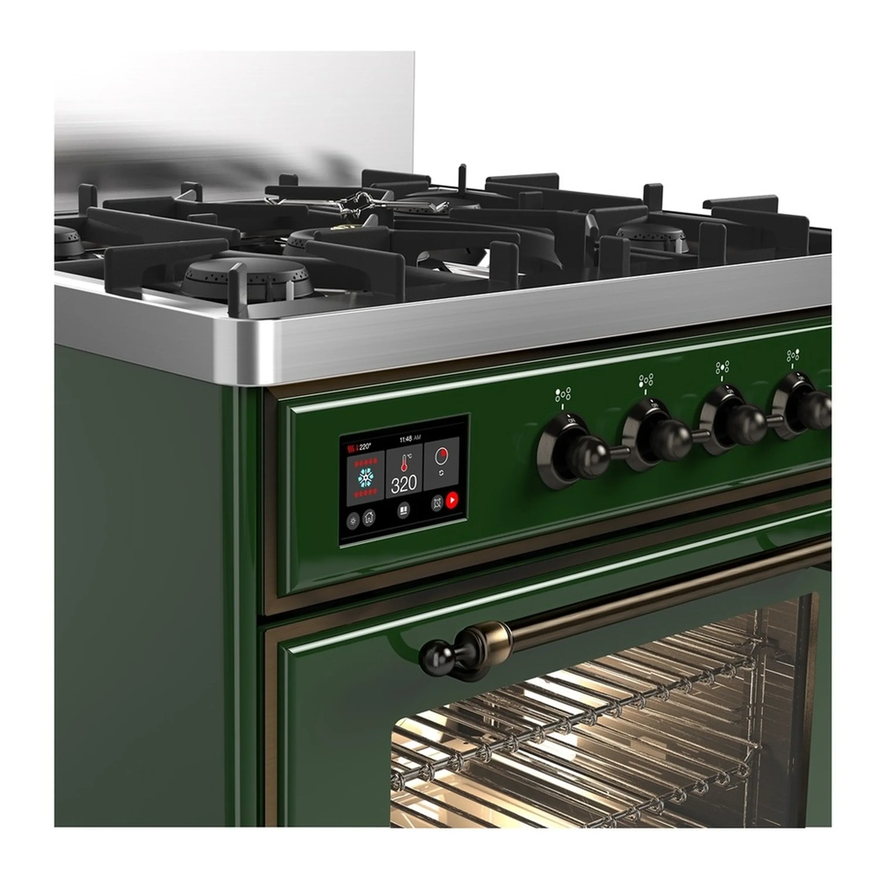 ILVE Majestic III 30-inch Dual Fuel Range with 5 Natural Gas Burner and Triple Glass Door Electric Oven in Emerald Green with Burnished Trim (UM30NR3EGB) - Image 5