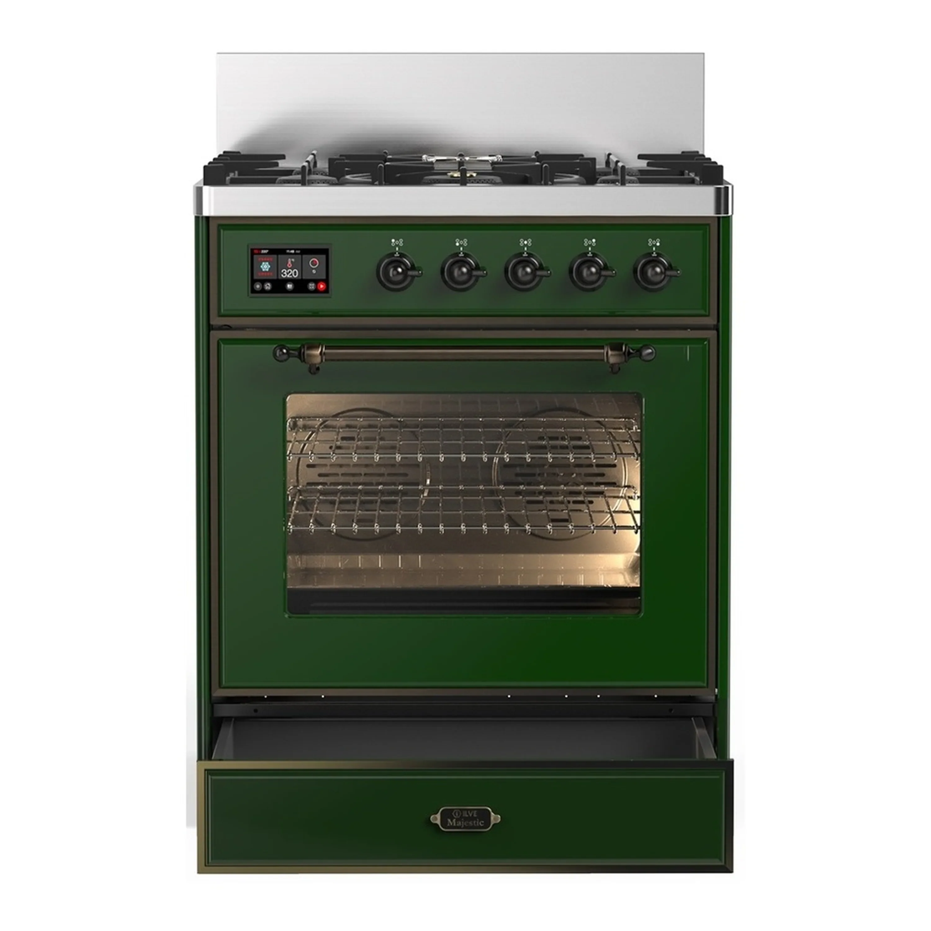 ILVE Majestic III 30-inch Dual Fuel Range with 5 Liquid Propane Burner and Triple Glass Door Electric Oven in Emerald Green with Burnished Trim (UM30NR3EGBLP) - Image 3