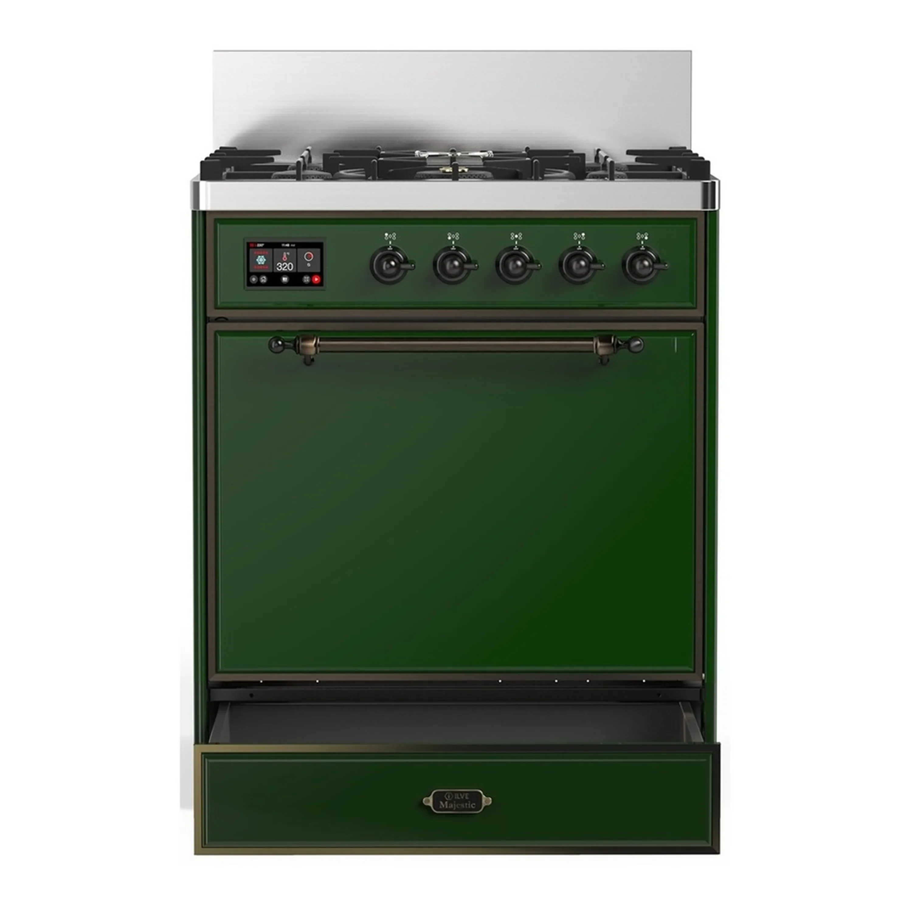 ILVE Majestic III 30-inch Dual Fuel Range with 5 Natural Gas Burner and Solid Door Electric Oven in Emerald Green with Burnished Trim (UM30QNR3EGB) - Image 3