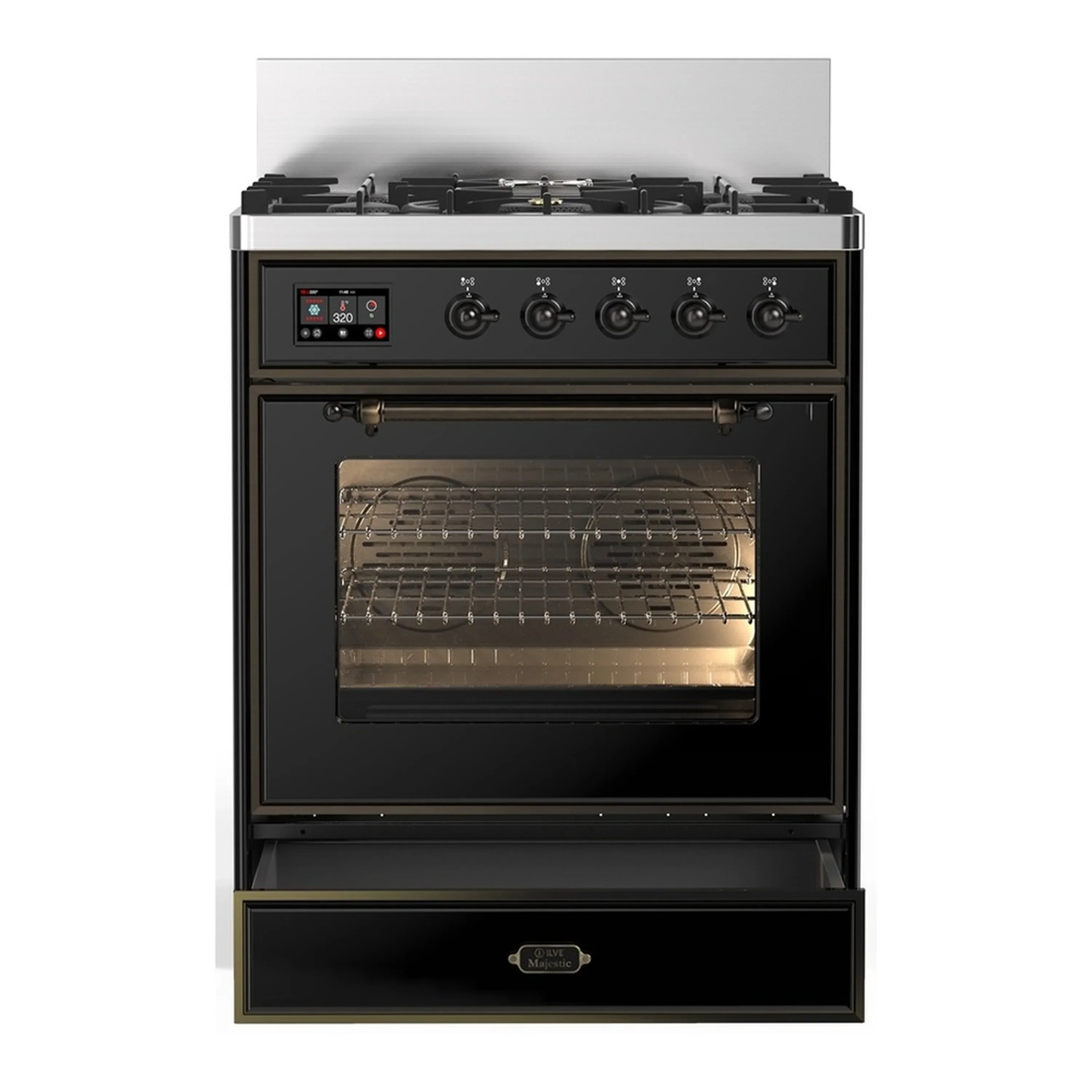 ILVE Majestic III 30-inch Dual Fuel Range with 5 Liquid Propane Burner and Triple Glass Door Electric Oven in Glossy Black with Burnished Trim (UM30NR3BKBLP) - Image 3