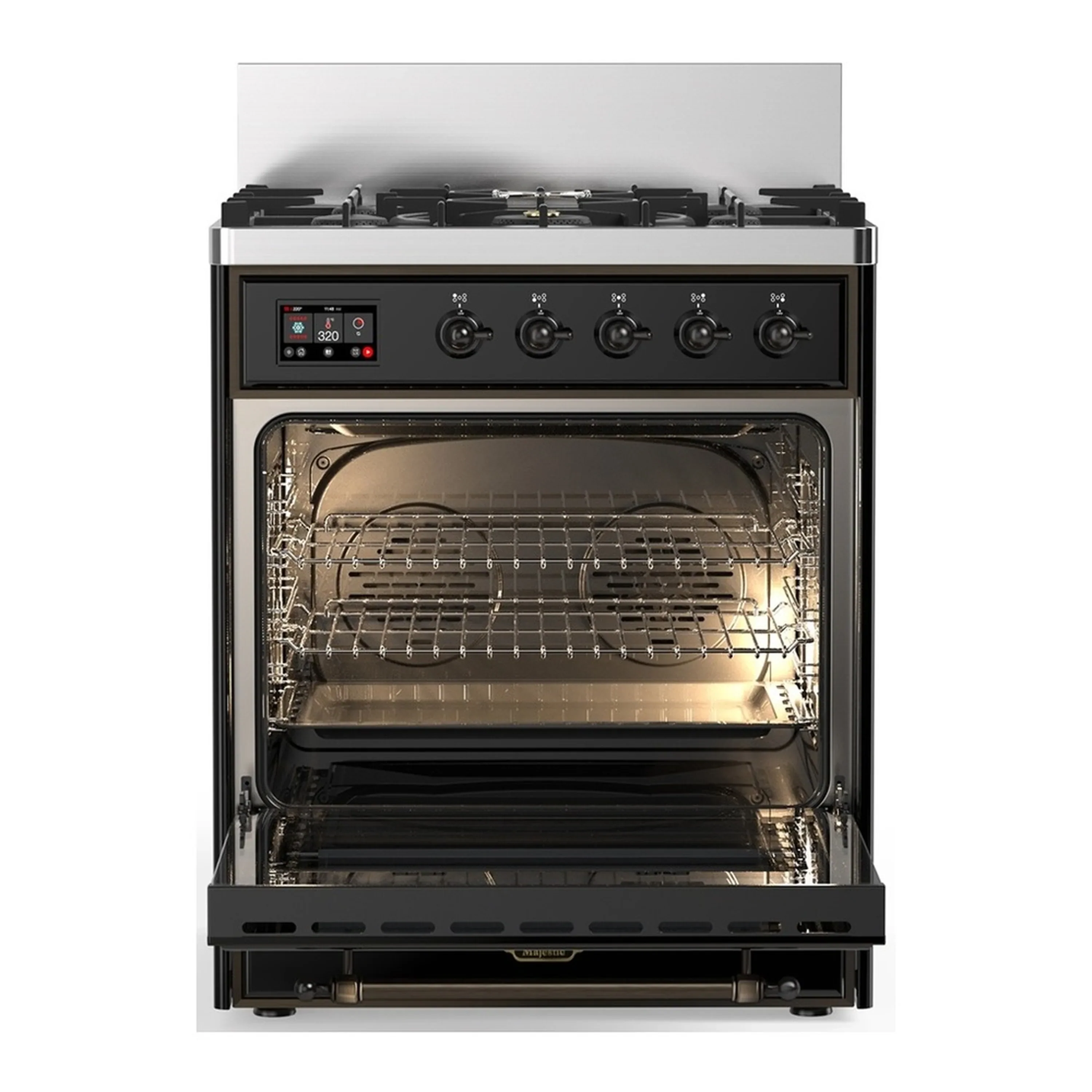 ILVE Majestic III 30-inch Dual Fuel Range with 5 Liquid Propane Burner and Triple Glass Door Electric Oven in Glossy Black with Burnished Trim (UM30NR3BKBLP) - Image 4