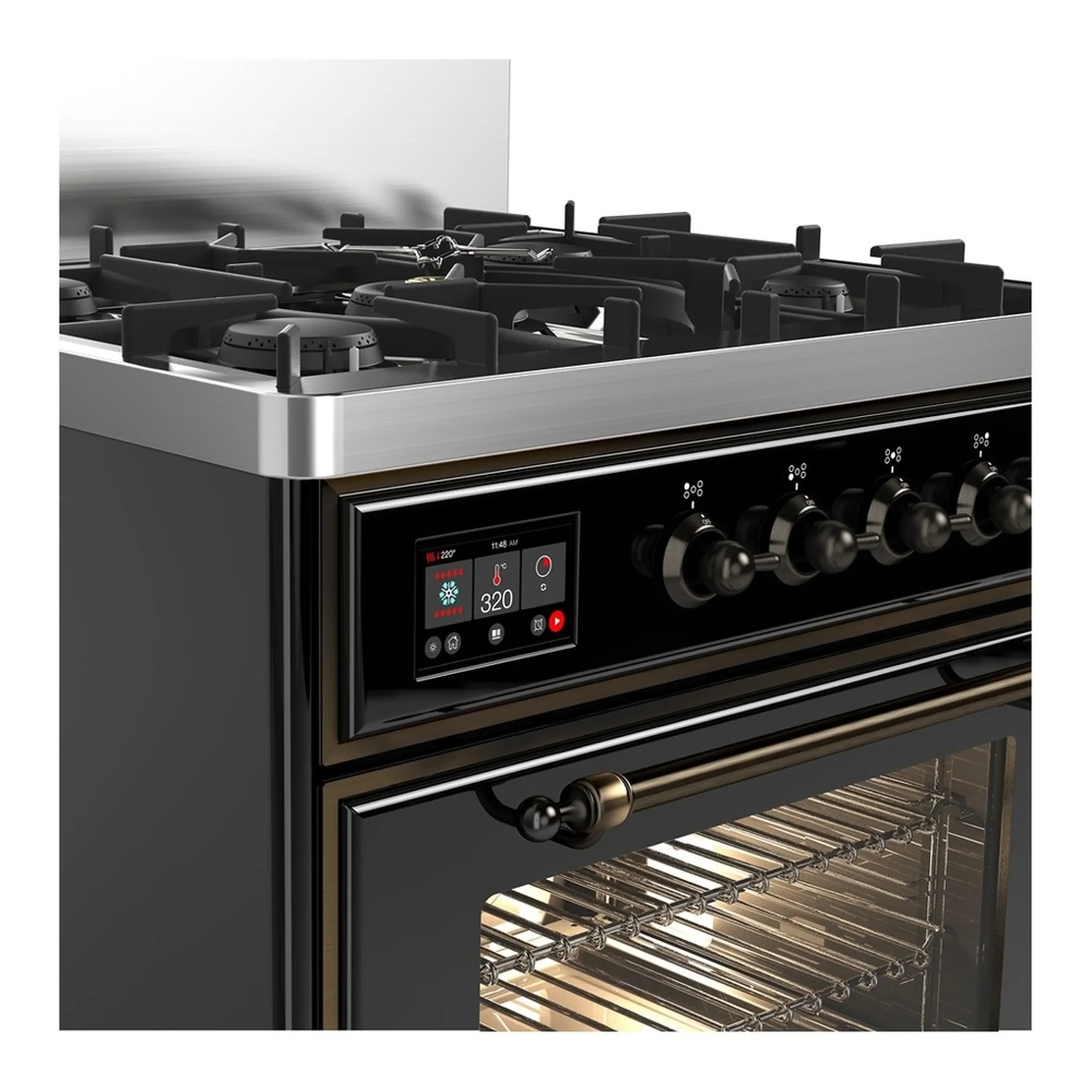 ILVE Majestic III 30-inch Dual Fuel Range with 5 Liquid Propane Burner and Triple Glass Door Electric Oven in Glossy Black with Burnished Trim (UM30NR3BKBLP) - Image 5