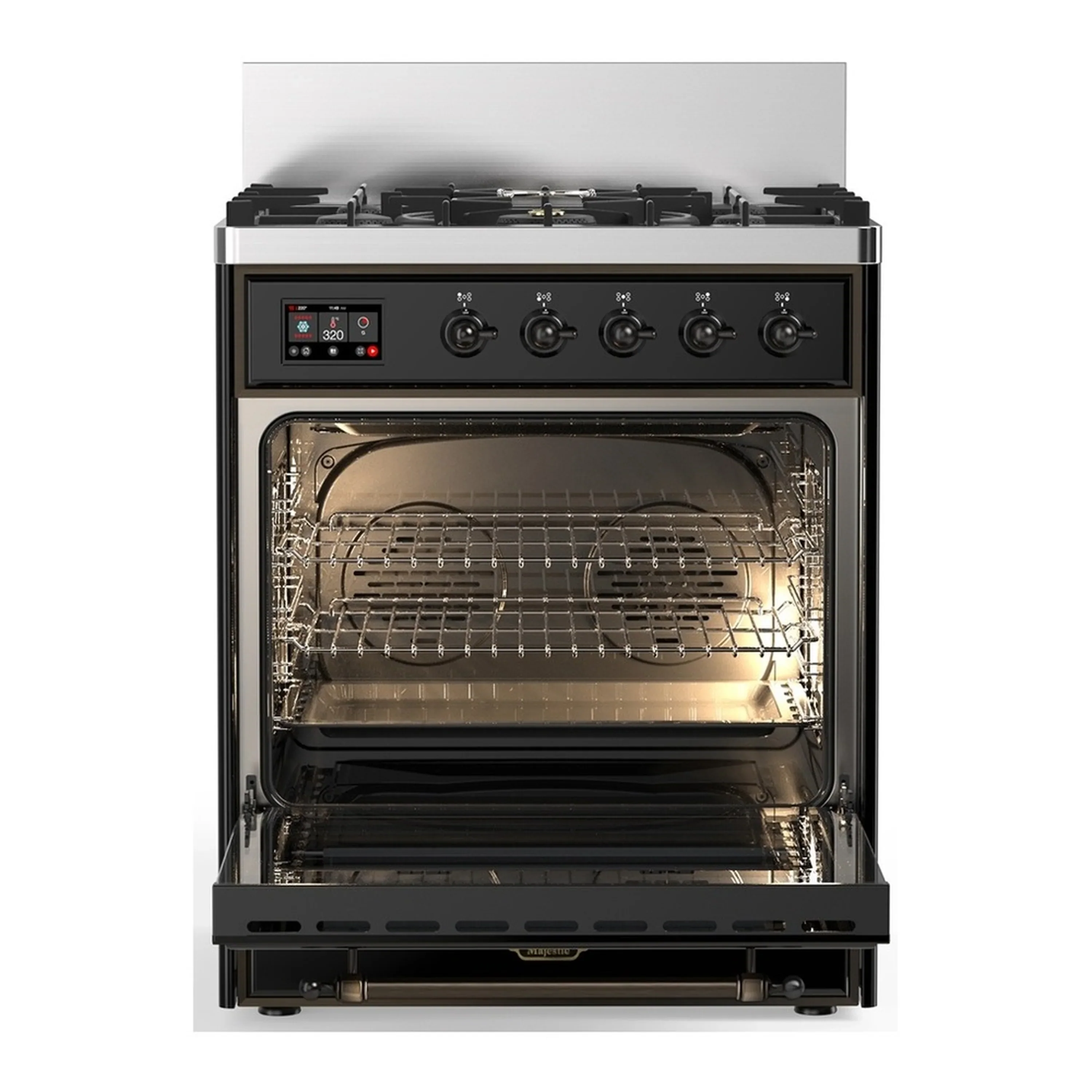 ILVE Majestic III 30-inch Dual Fuel Range with 5 Natural Gas Burner and Solid Door Electric Oven in Glossy Black with Burnished Trim (UM30QNR3BKB) - Image 4