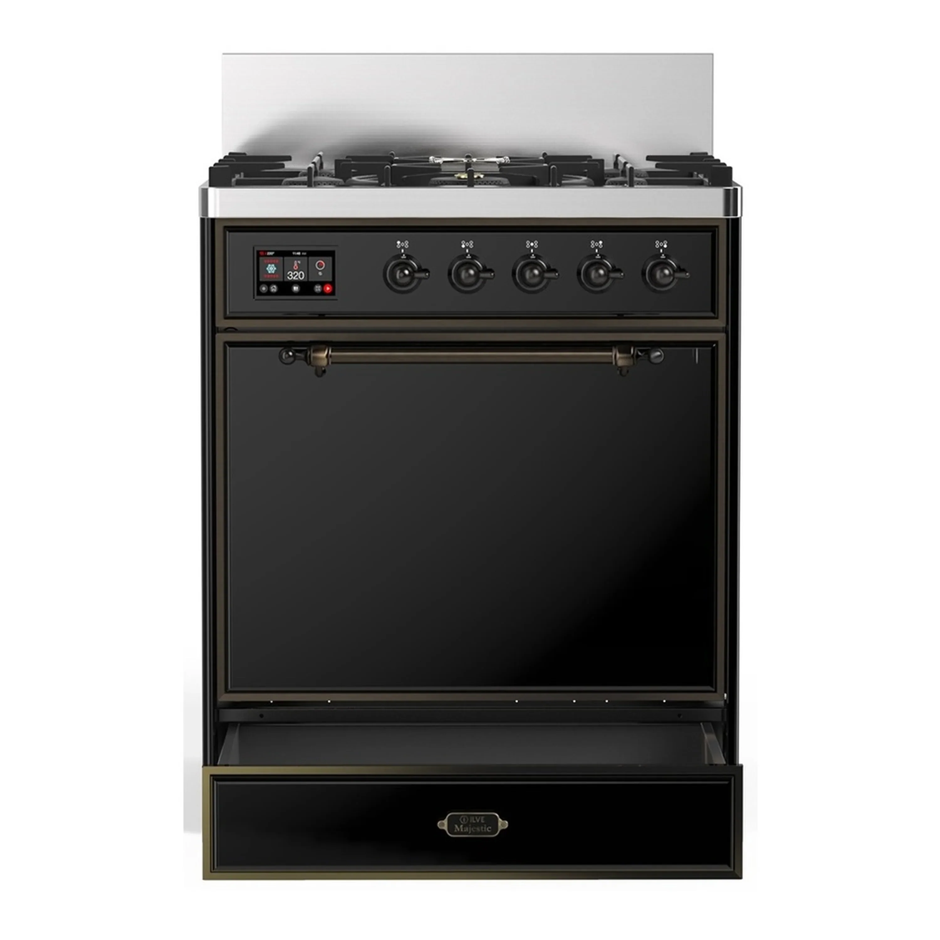 ILVE Majestic III 30-inch Dual Fuel Range with 5 Liquid Propane Burner and Solid Door Electric Oven in Glossy Black with Burnished Trim (UM30QNR3BKBLP) - Image 3