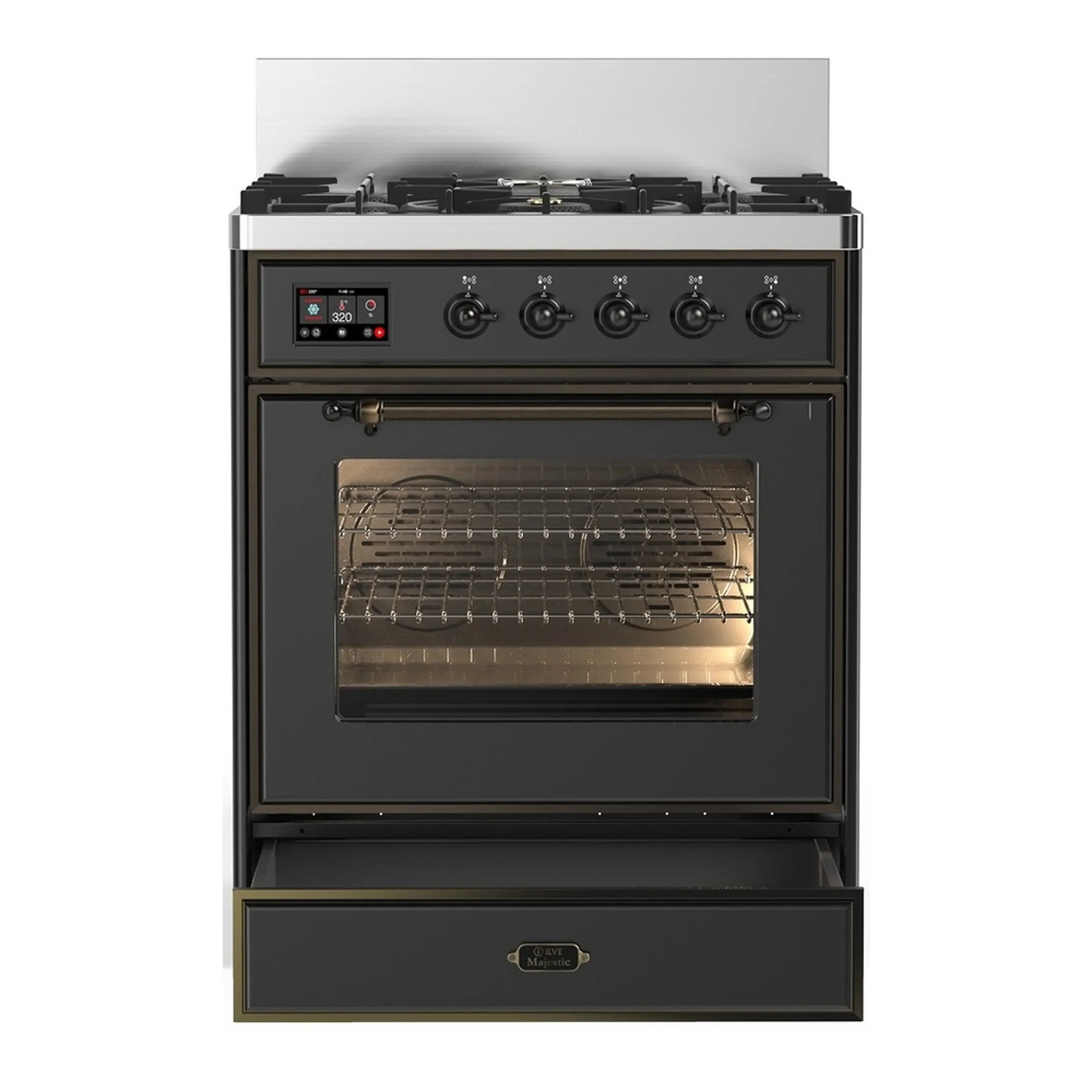 ILVE Majestic III 30-inch Dual Fuel Range with 5 Natural Gas Burner and Triple Glass Door Electric Oven in Graphite Matte with Burnished Trim (UM30NR3MGB) - Image 3