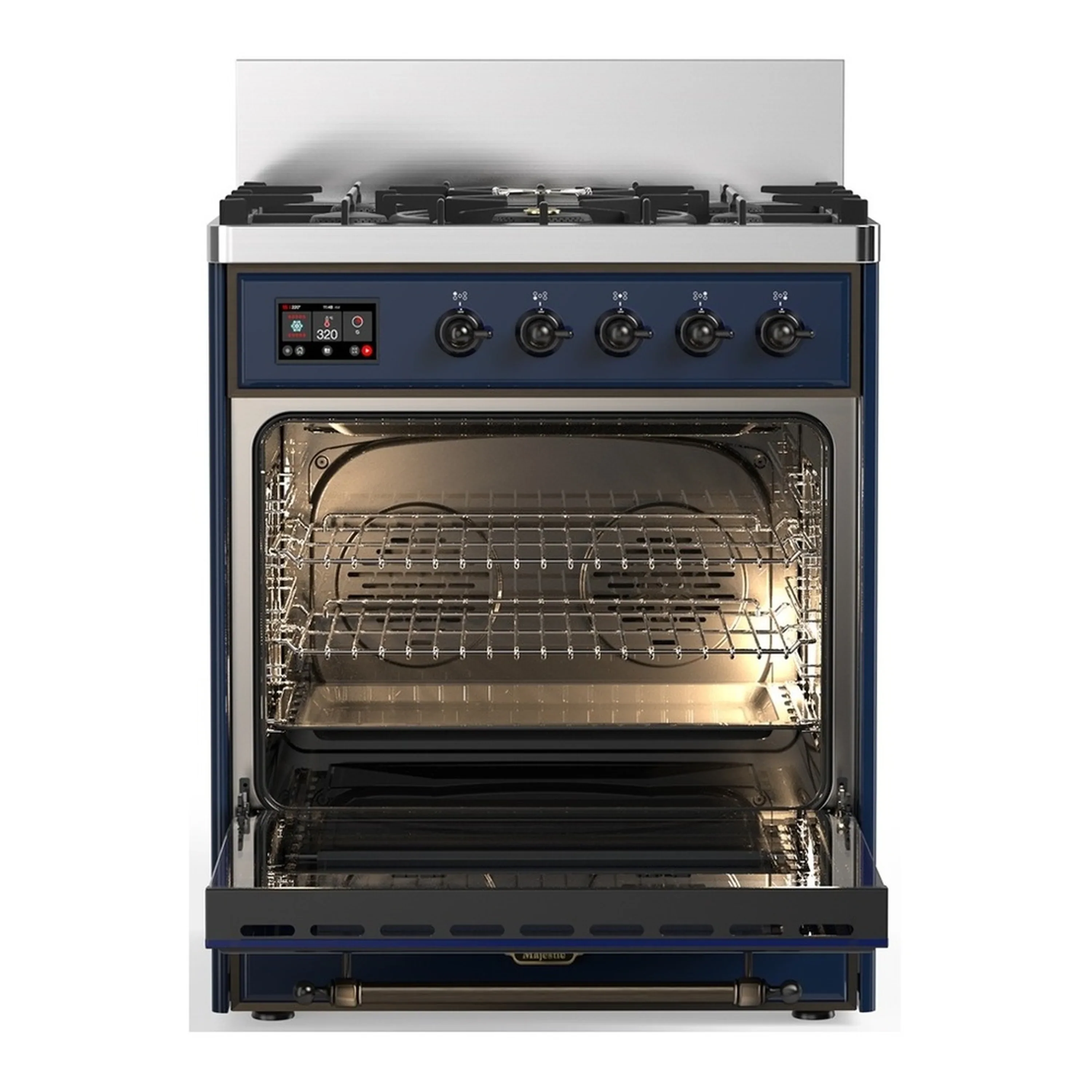 ILVE Majestic III 30-inch Dual Fuel Range with 5 Natural Gas Burner and Triple Glass Door Electric Oven in Midnight Blue with Burnished Trim (UM30NR3MBB) - Image 4