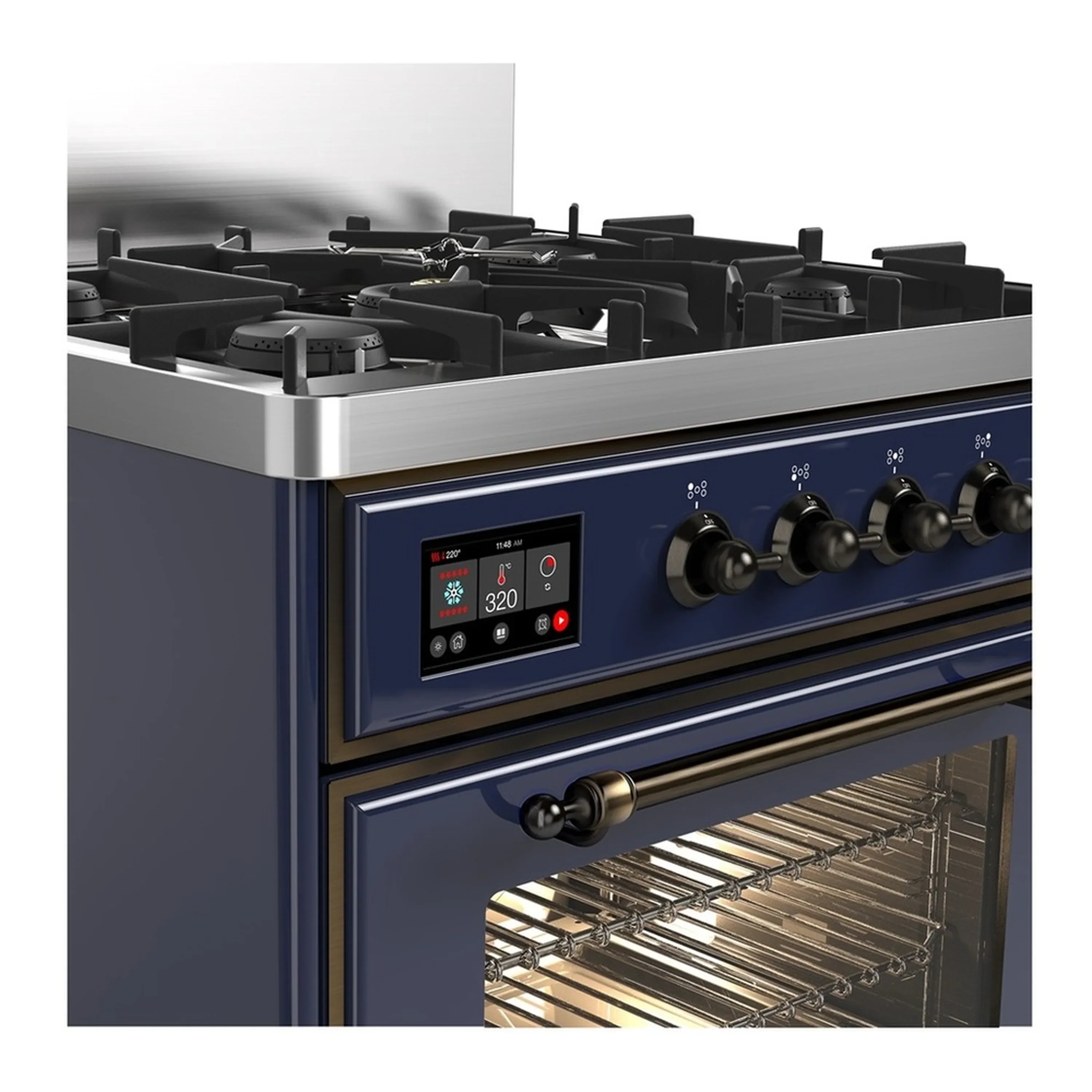 ILVE Majestic III 30-inch Dual Fuel Range with 5 Natural Gas Burner and Triple Glass Door Electric Oven in Midnight Blue with Burnished Trim (UM30NR3MBB) - Image 5