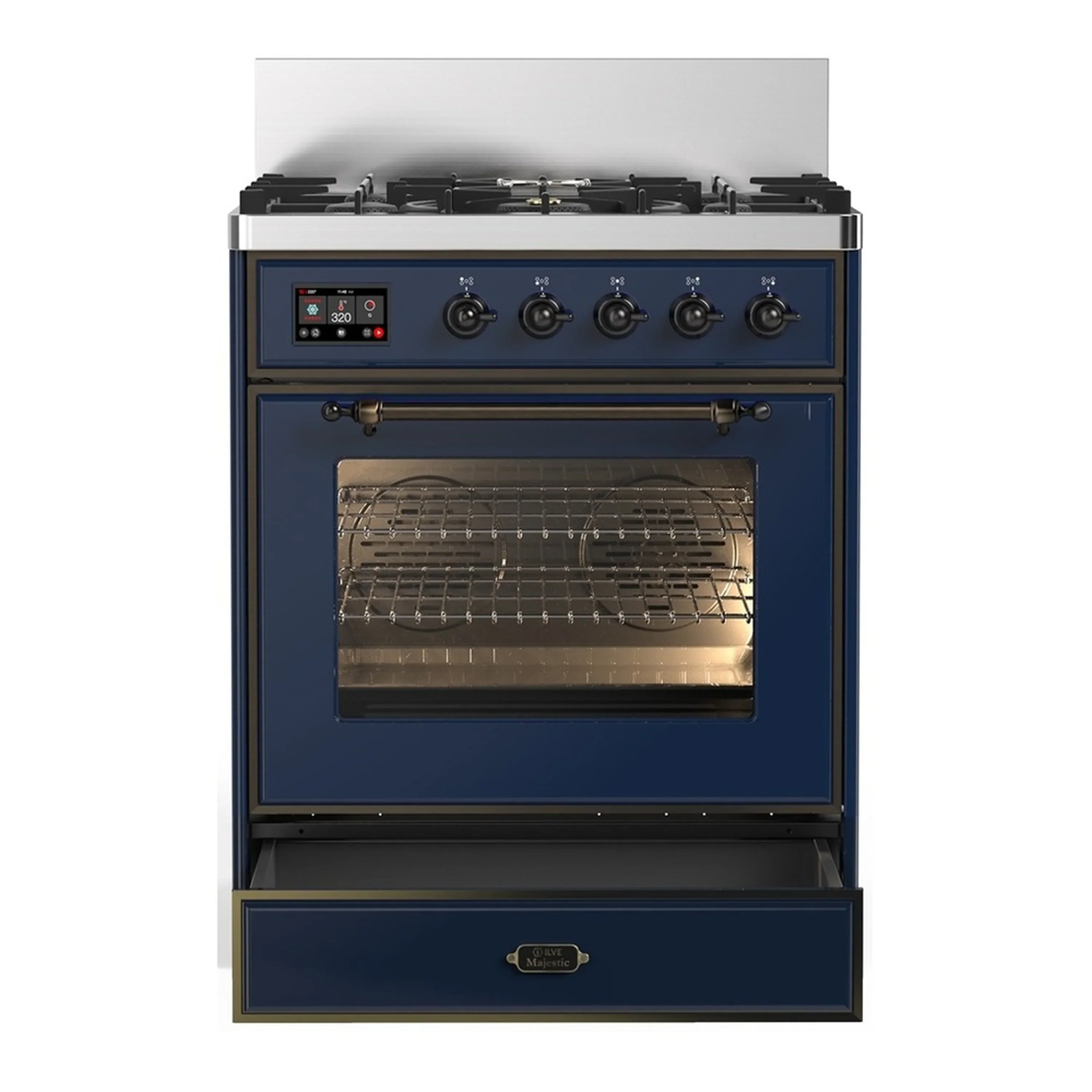 ILVE Majestic III 30-inch Dual Fuel Range with 5 Liquid Propane Burner and Triple Glass Door Electric Oven in Midnight Blue with Burnished Trim (UM30NR3MBBLP) - Image 3