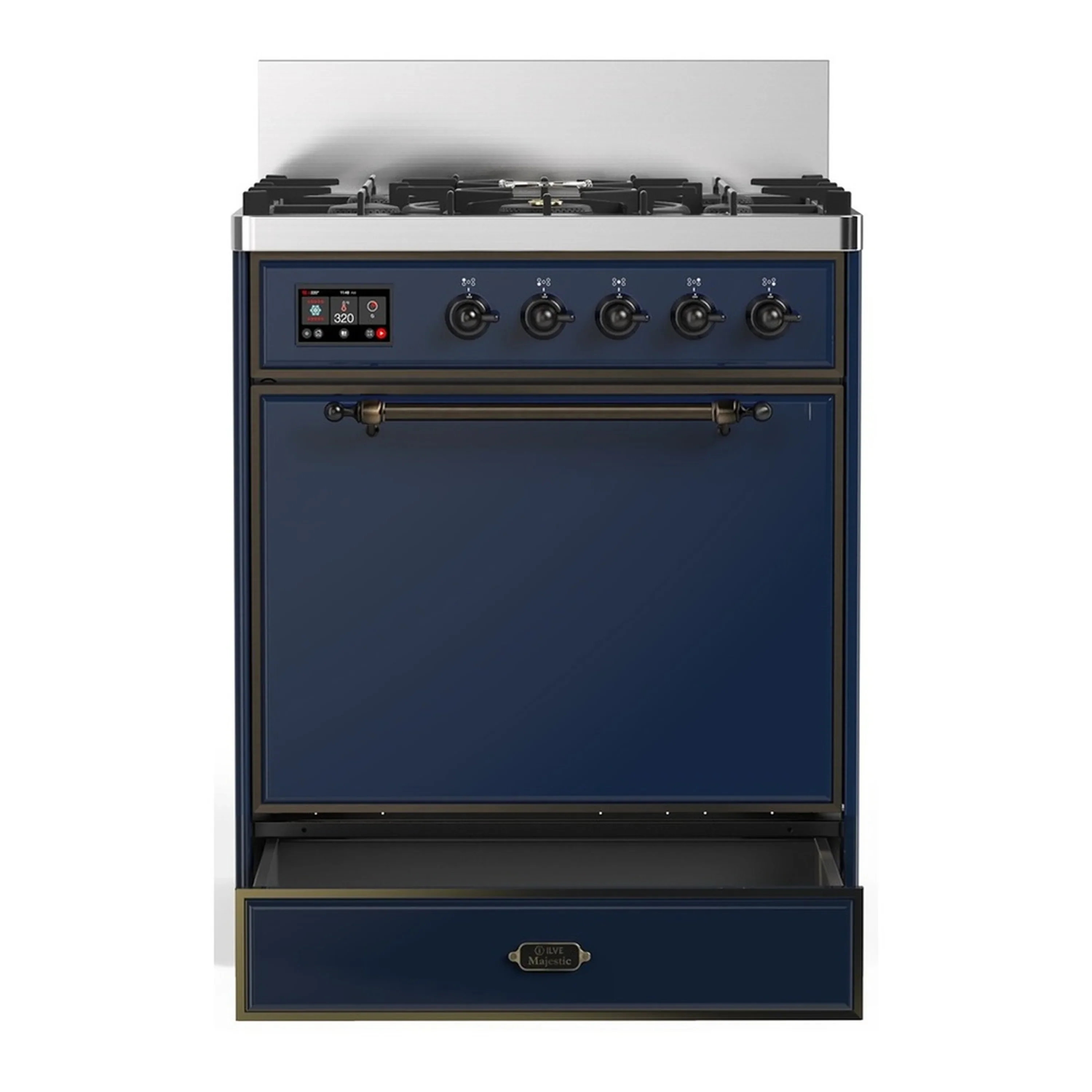 ILVE Majestic III 30-inch Dual Fuel Range with 5 Liquid Propane Burner and Solid Door Electric Oven in Midnight Blue with Burnished Trim (UM30QNR3MBBLP) - Image 3