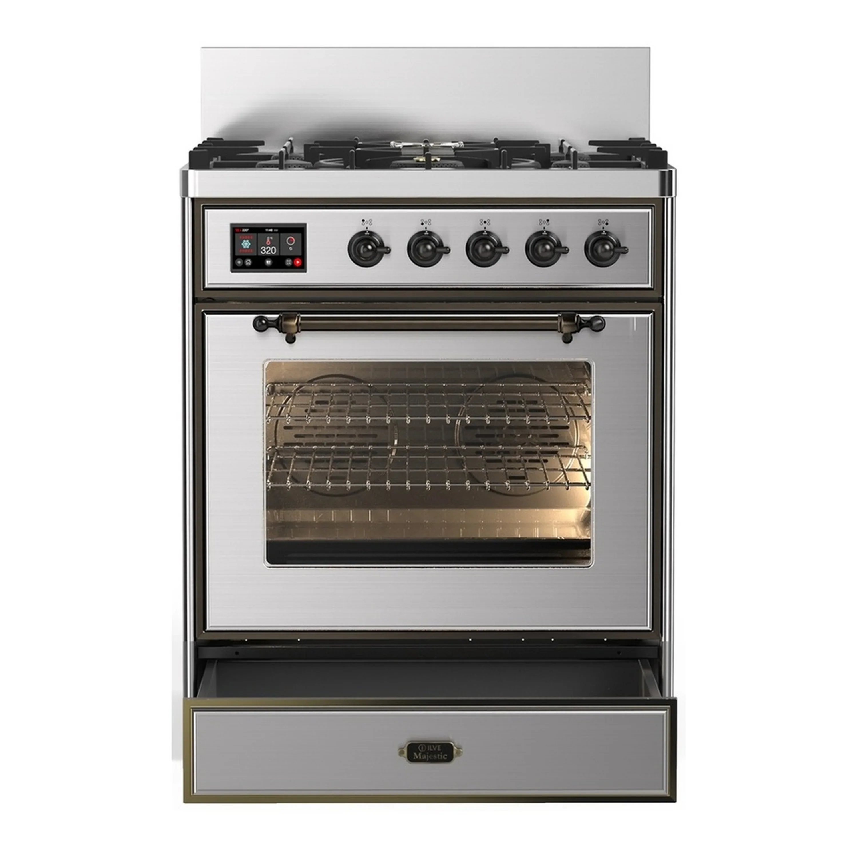 ILVE Majestic III 30-inch Dual Fuel Range with 5 Natural Gas Burner and Triple Glass Door Electric Oven in Stainless Steel with Burnished Trim (UM30NR3SSB) - Image 3