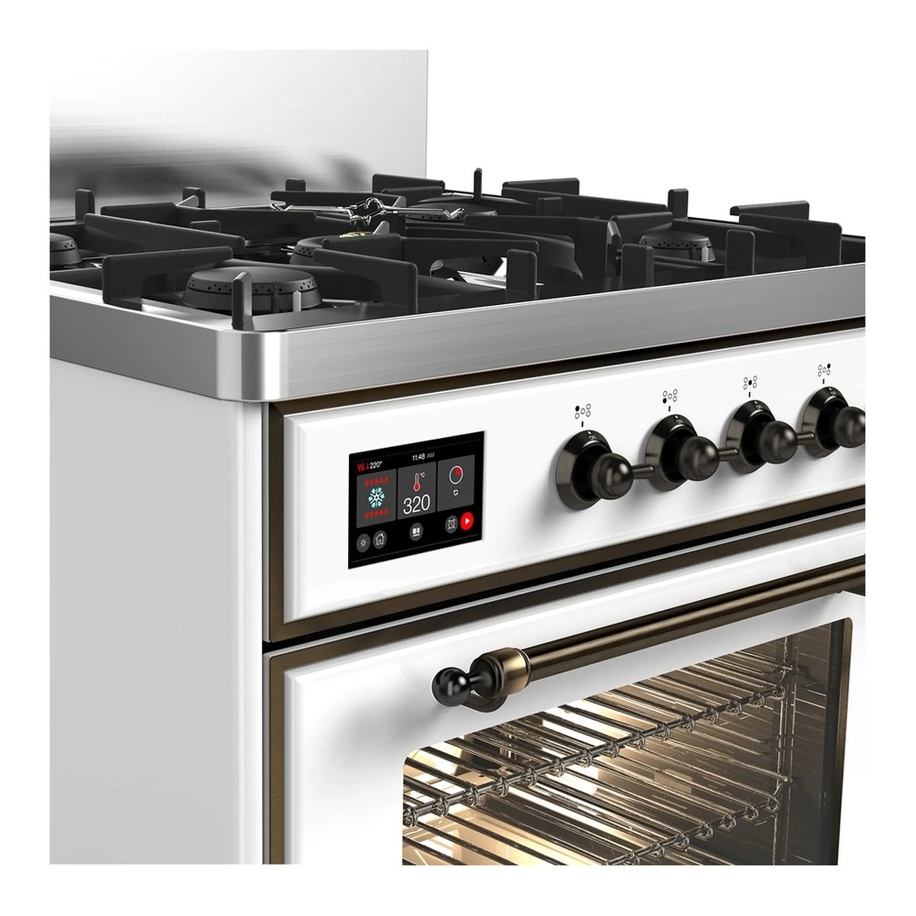 ILVE Majestic III 30-inch Dual Fuel Range with 5 Natural Gas Burner and Triple Glass Door Electric Oven in White with Burnished Trim (UM30NR3WHB) - Image 5