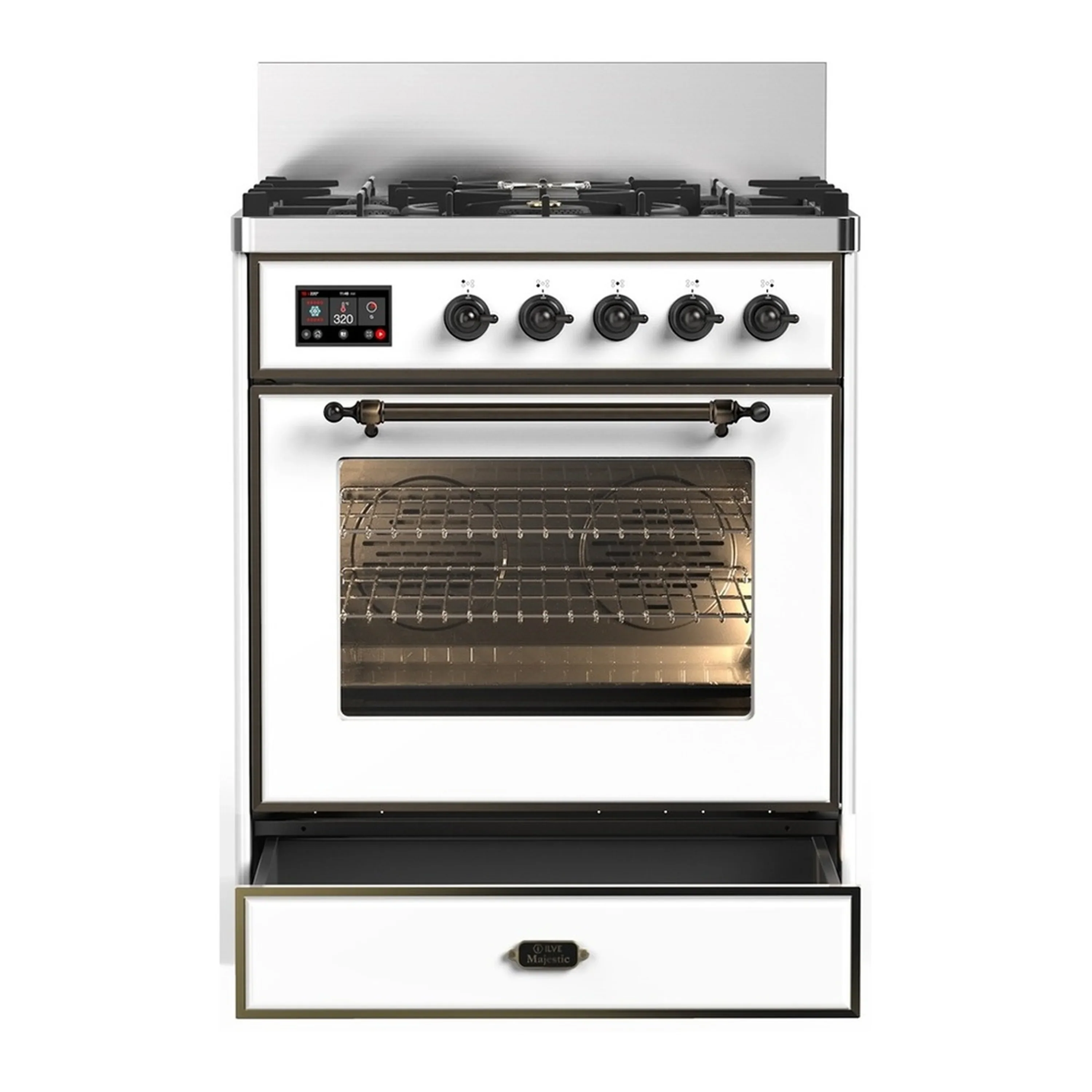 ILVE Majestic III 30-inch Dual Fuel Range with 5 Liquid Propane Burner and Triple Glass Door Electric Oven in White with Burnished Trim (UM30NR3WHBLP) - Image 3