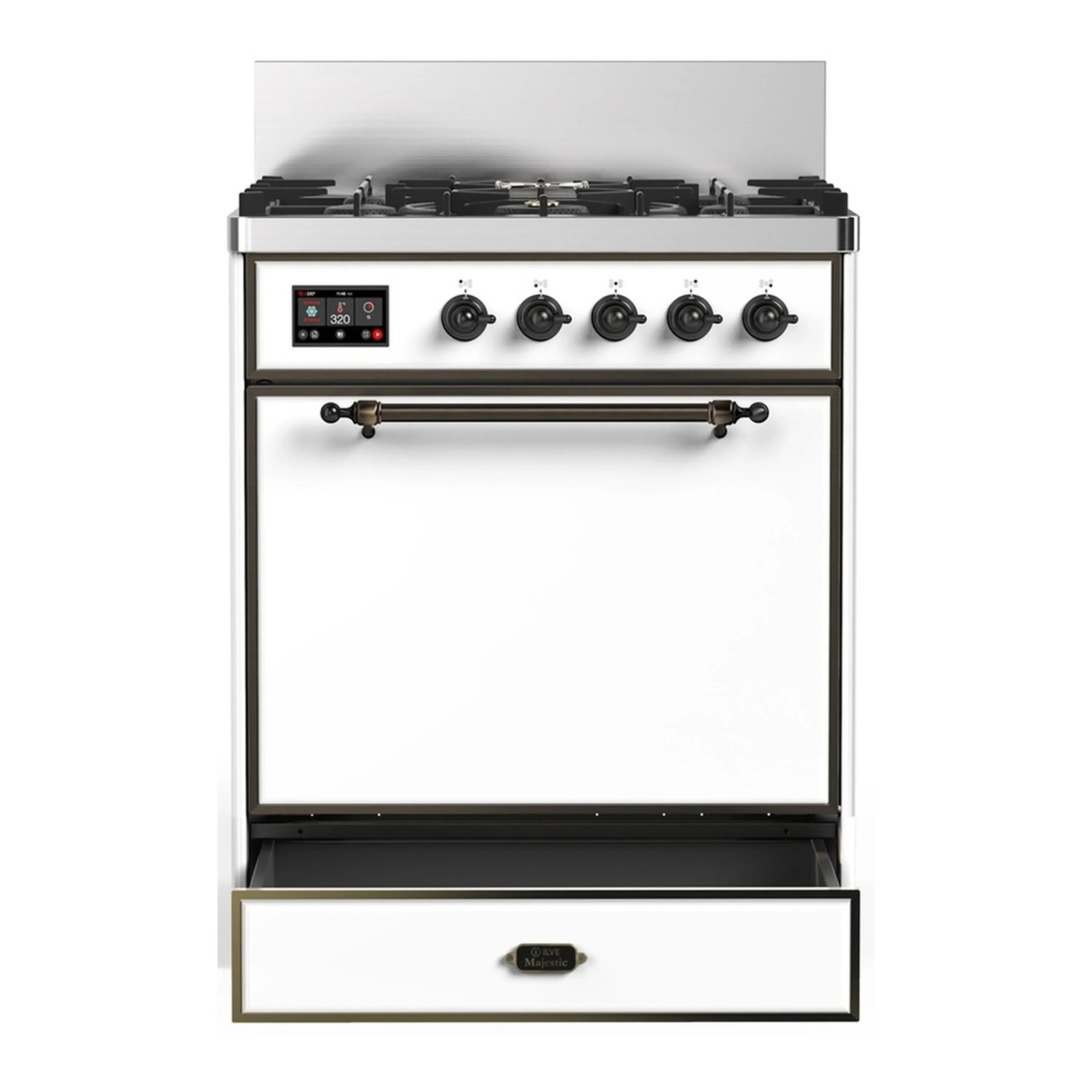 ILVE Majestic III 30-inch Dual Fuel Range with 5 Natural Gas Burner and Solid Door Electric Oven in White with Burnished Trim (UM30QNR3WHB) - Image 3