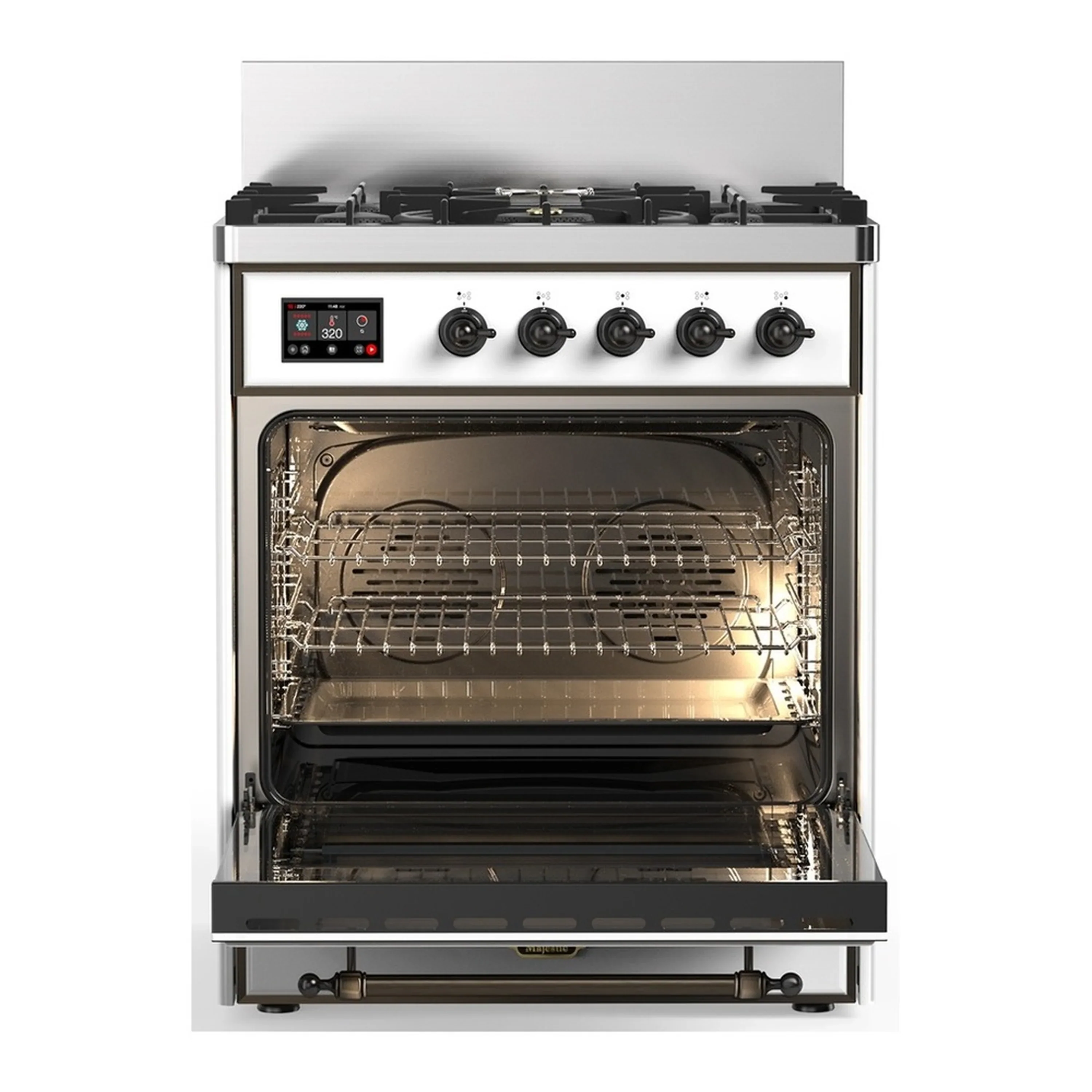 ILVE Majestic III 30-inch Dual Fuel Range with 5 Natural Gas Burner and Solid Door Electric Oven in White with Burnished Trim (UM30QNR3WHB) - Image 4