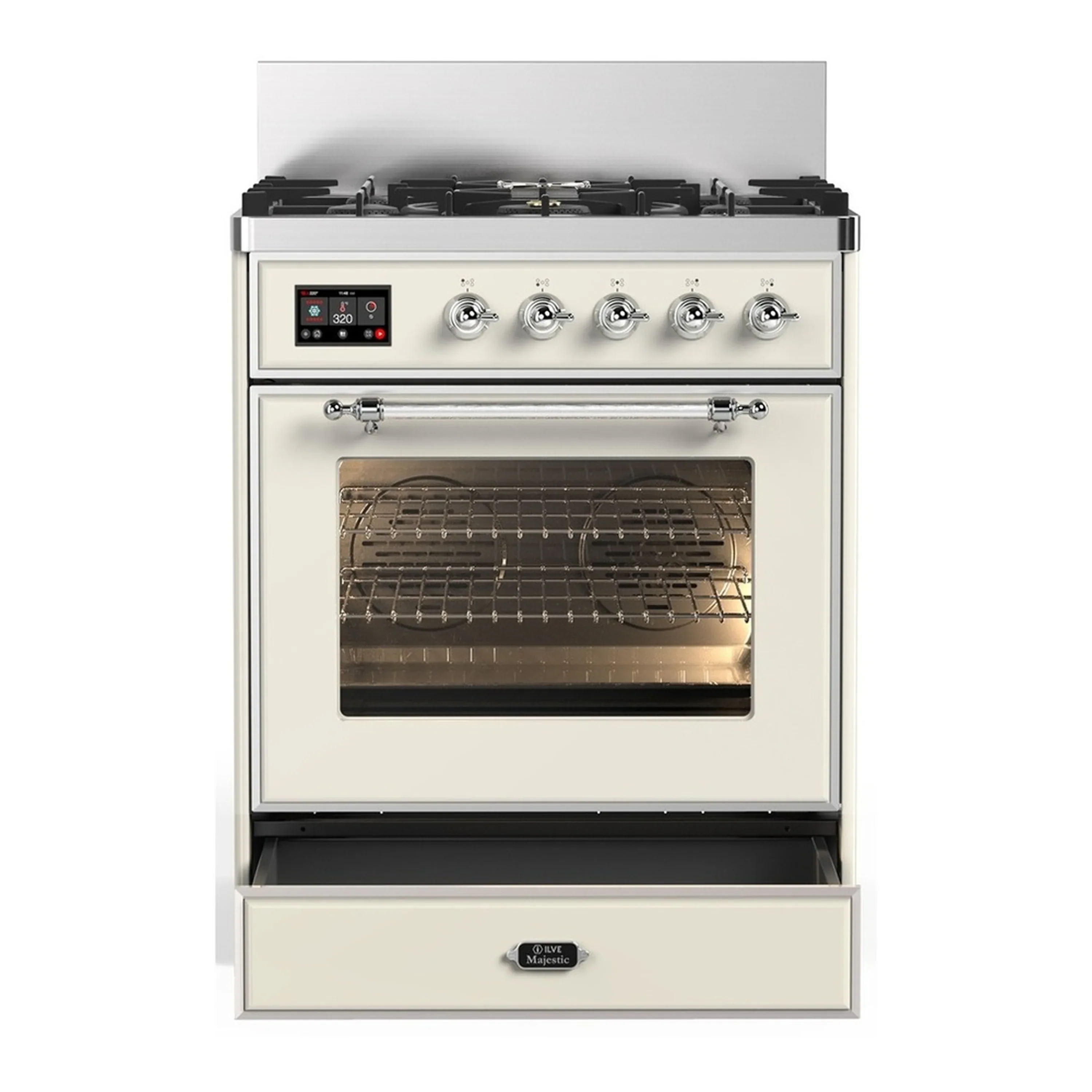 ILVE Majestic III 30-inch Dual Fuel Range with 5 Natural Gas Burner and Triple Glass Door Electric Oven in Antique White with Chrome Trim (UM30NR3AWC) - Image 3