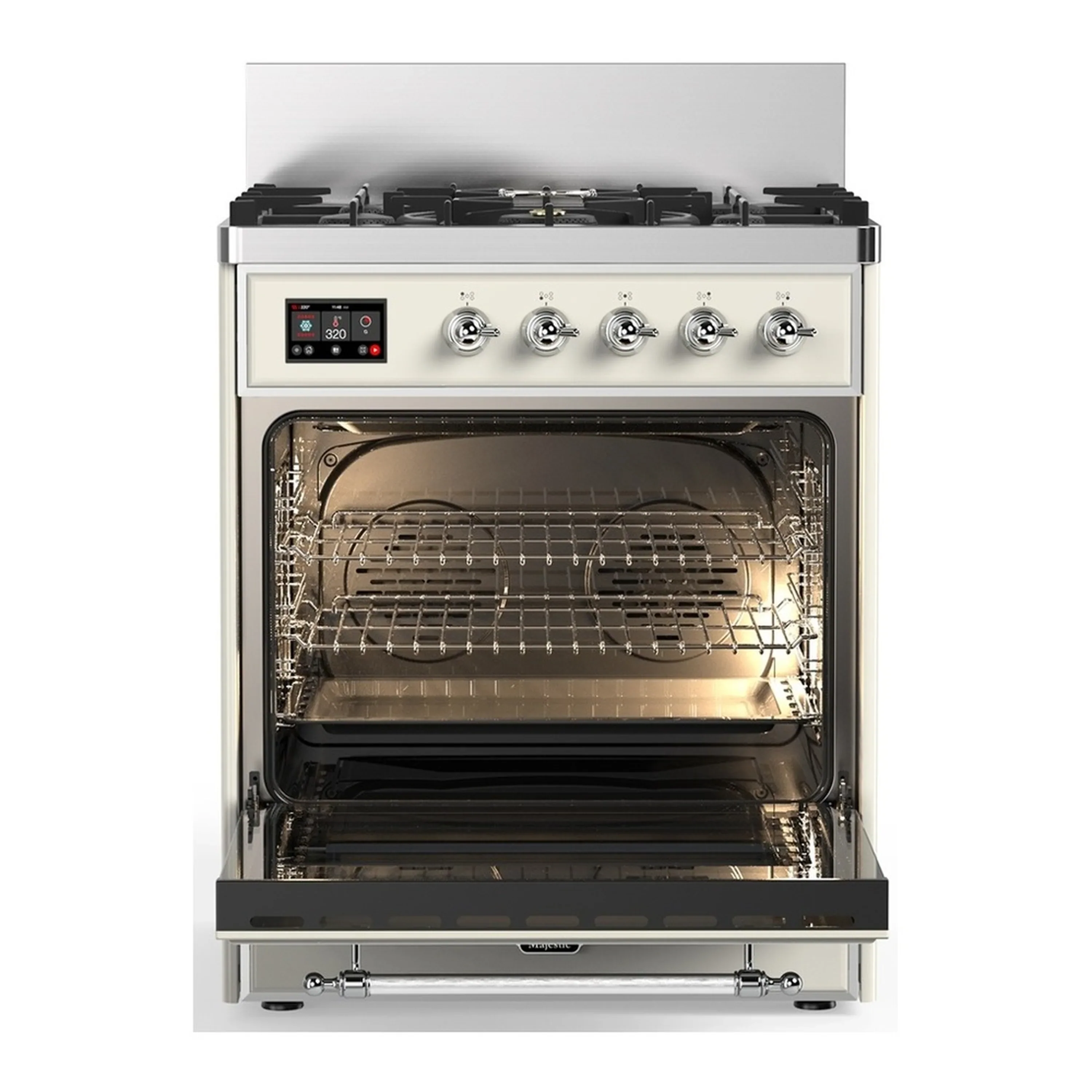 ILVE Majestic III 30-inch Dual Fuel Range with 5 Natural Gas Burner and Solid Door Electric Oven in Antique White with Chrome Trim (UM30QNR3AWC) - Image 4