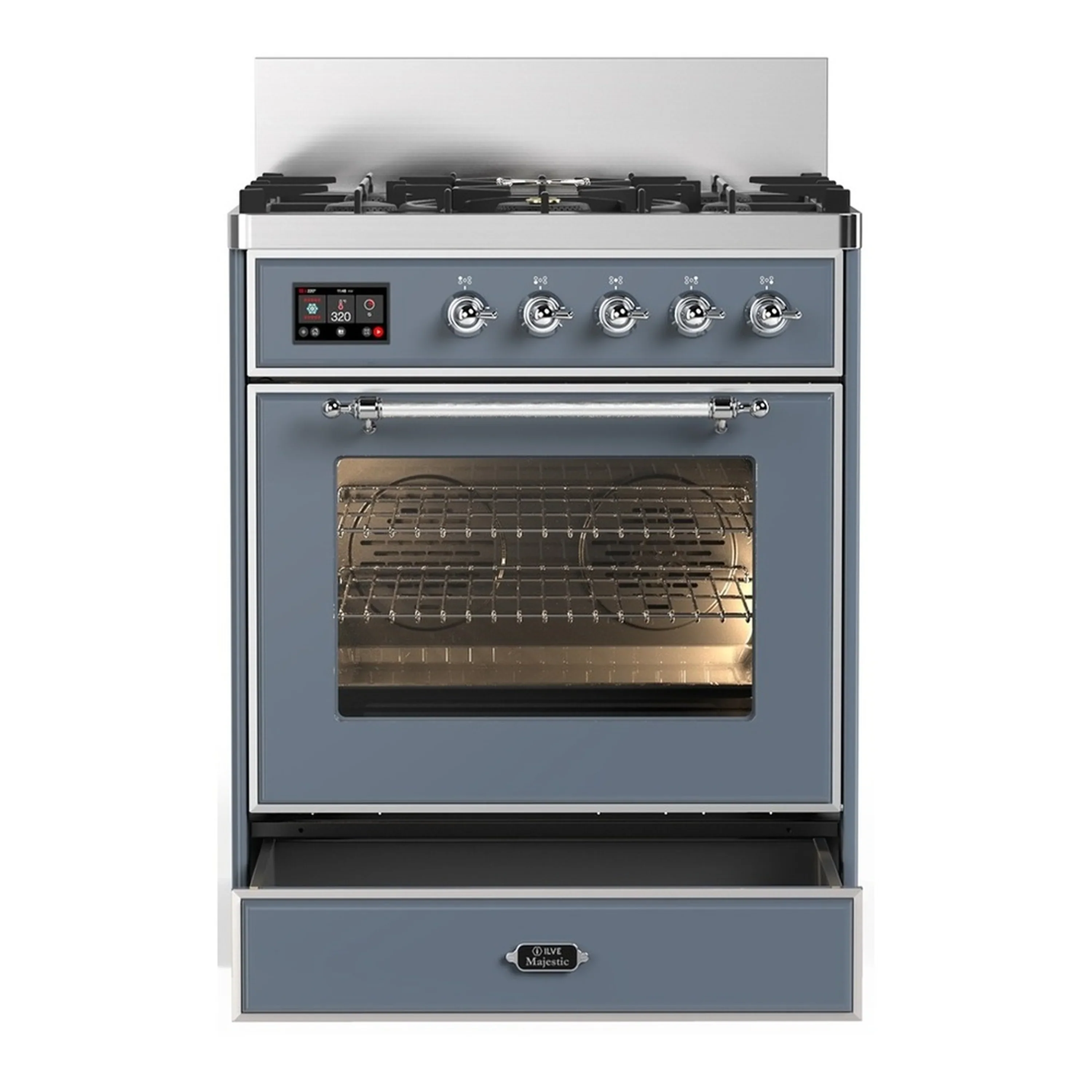 ILVE Majestic III 30-inch Dual Fuel Range with 5 Natural Gas Burner and Triple Glass Door Electric Oven in Blue Grey with Chrome Trim (UM30NR3BGC) - Image 3
