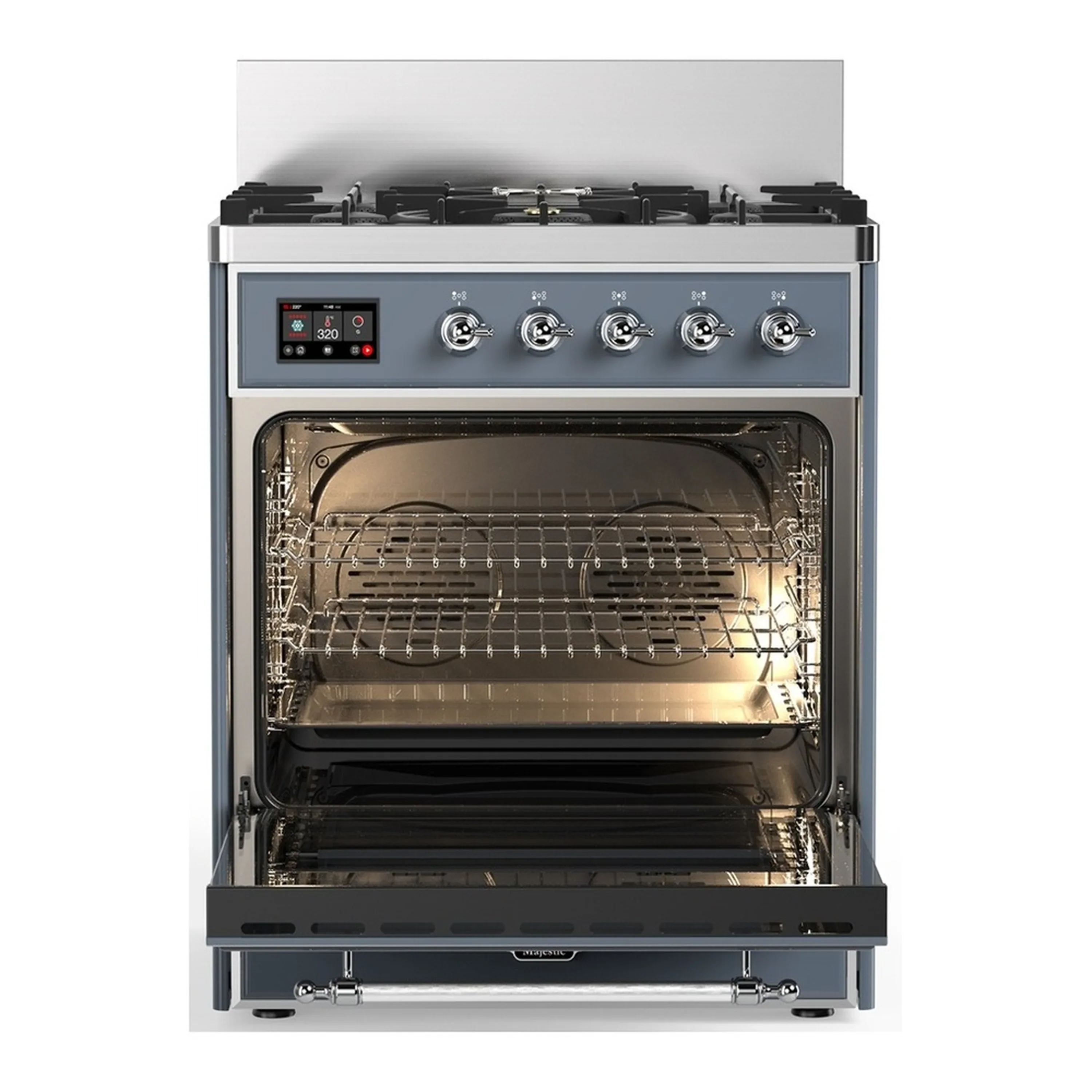 ILVE Majestic III 30-inch Dual Fuel Range with 5 Natural Gas Burner and Triple Glass Door Electric Oven in Blue Grey with Chrome Trim (UM30NR3BGC) - Image 4