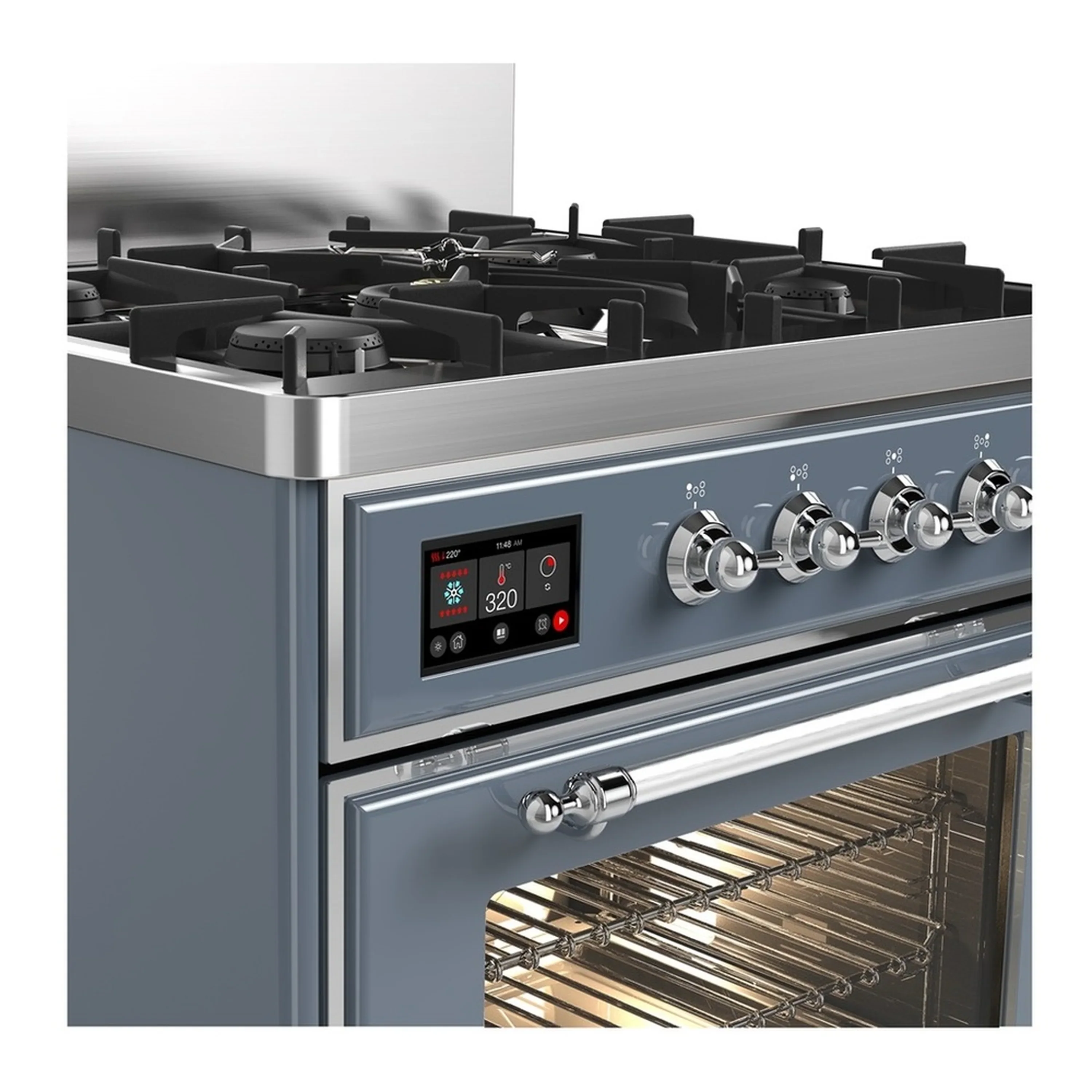 ILVE Majestic III 30-inch Dual Fuel Range with 5 Natural Gas Burner and Triple Glass Door Electric Oven in Blue Grey with Chrome Trim (UM30NR3BGC) - Image 5