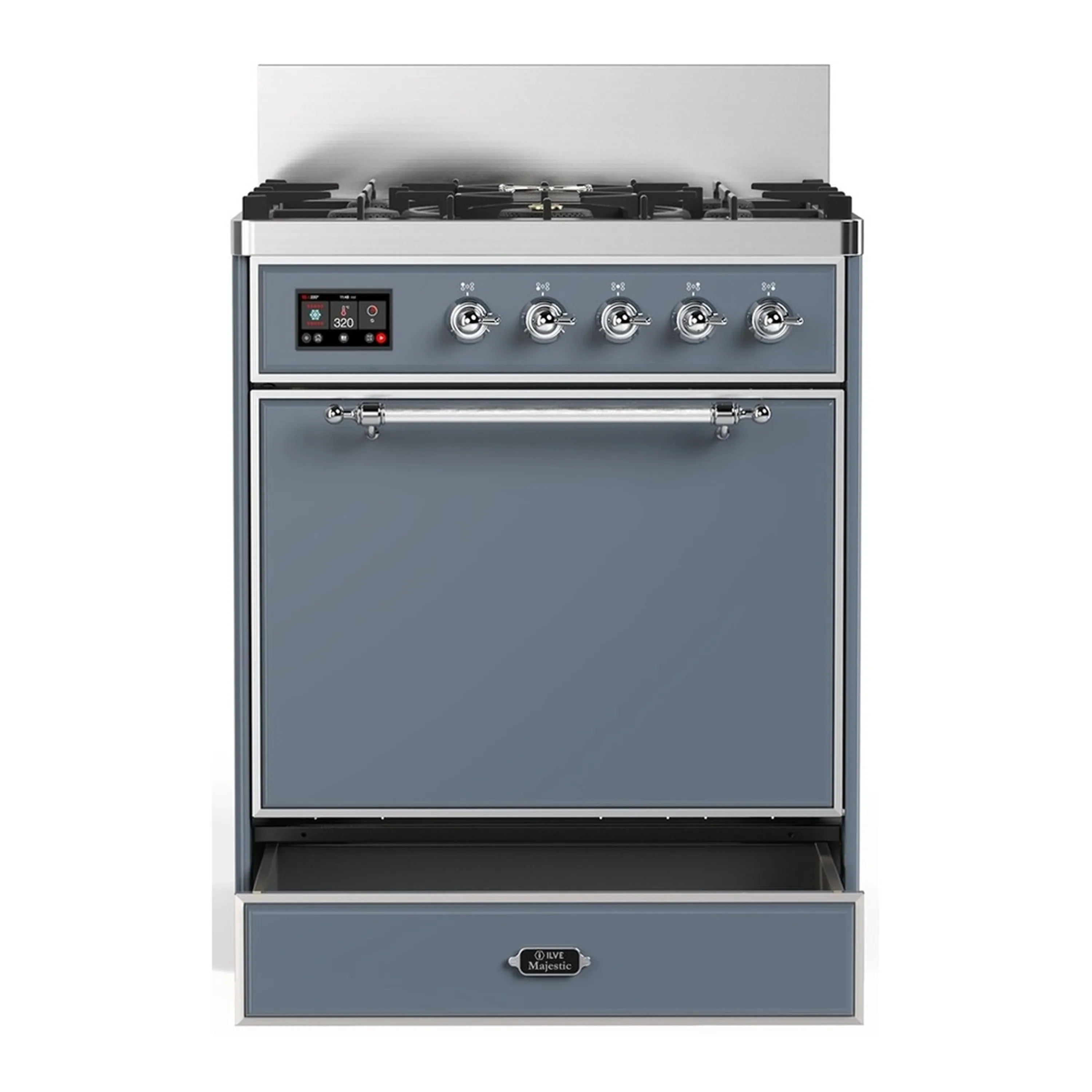 ILVE Majestic III 30-inch Dual Fuel Range with 5 Natural Gas Burner and Solid Door Electric Oven in Blue Grey with Chrome Trim (UM30QNR3BGC) - Image 3