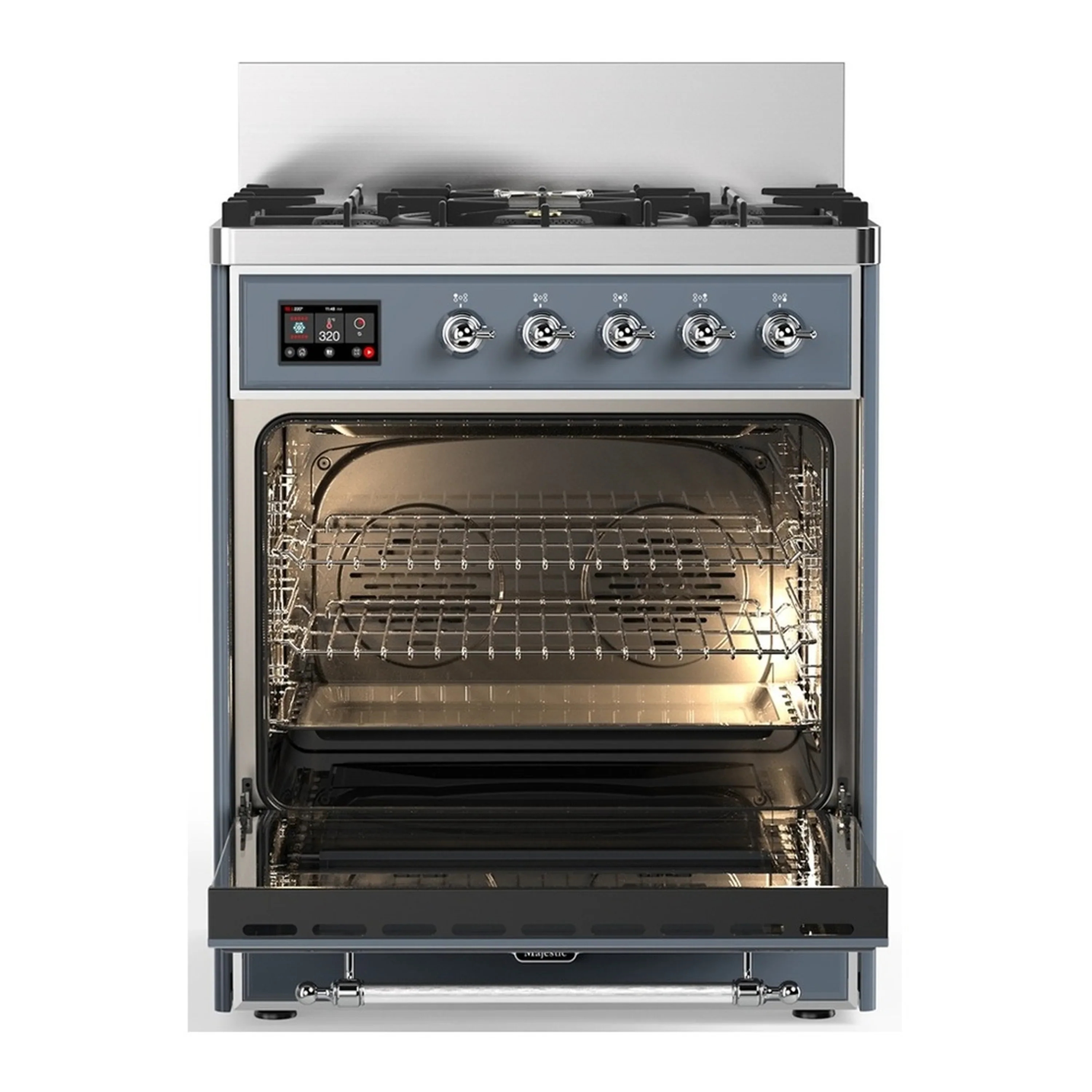 ILVE Majestic III 30-inch Dual Fuel Range with 5 Natural Gas Burner and Solid Door Electric Oven in Blue Grey with Chrome Trim (UM30QNR3BGC) - Image 4