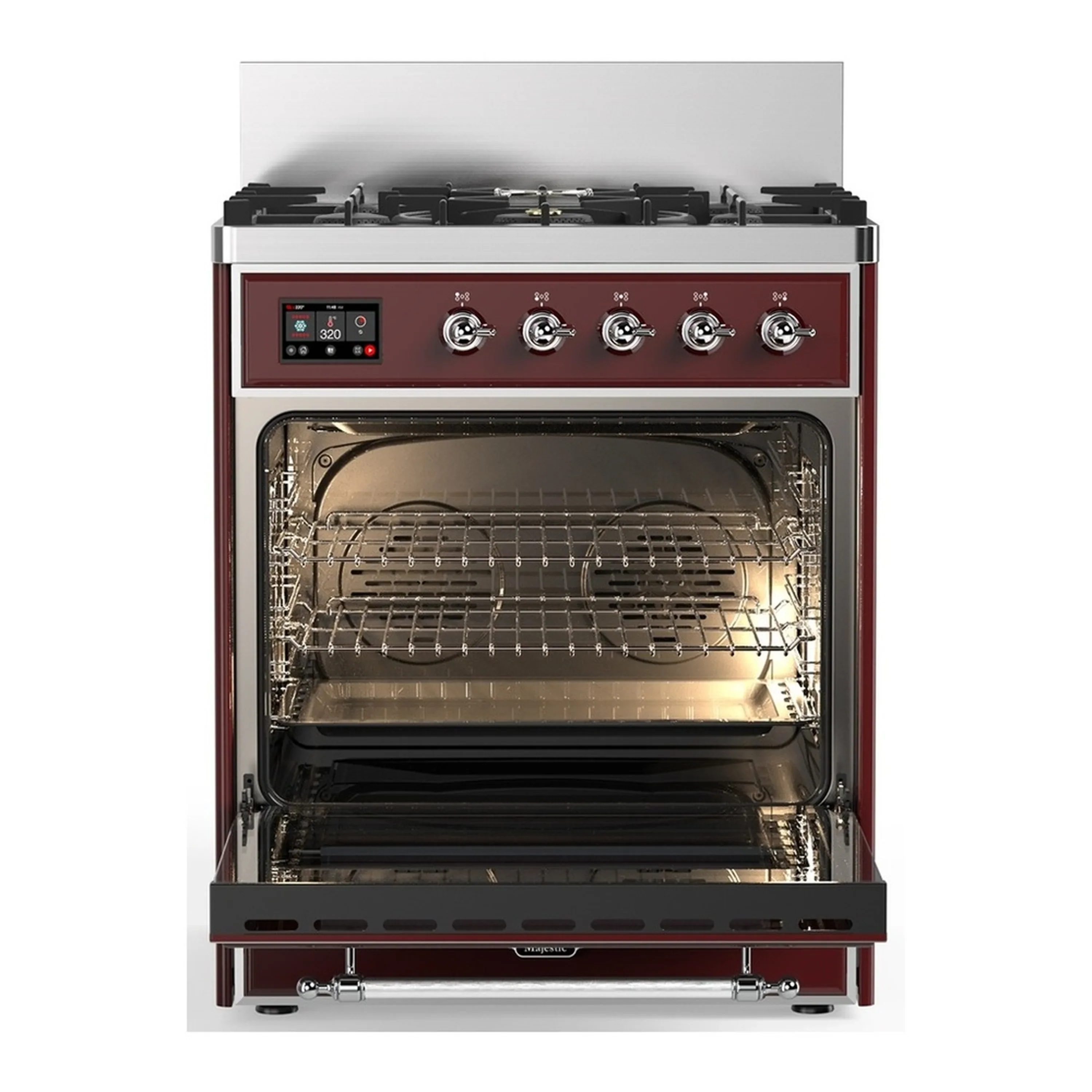 ILVE Majestic III 30-inch Dual Fuel Range with 5 Natural Gas Burner and Triple Glass Door Electric Oven in Burgundy with Chrome Trim (UM30NR3BUC) - Image 4
