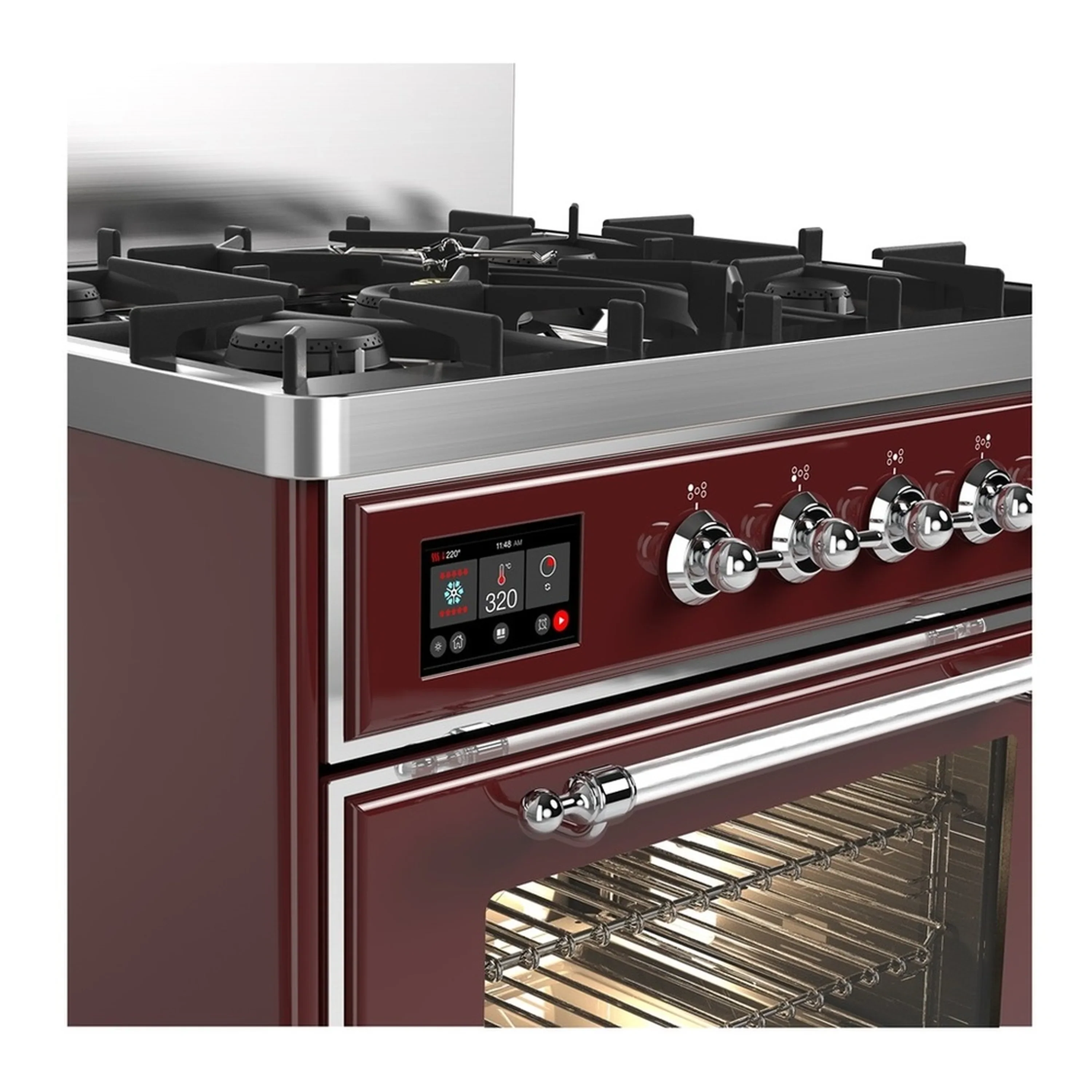 ILVE Majestic III 30-inch Dual Fuel Range with 5 Natural Gas Burner and Triple Glass Door Electric Oven in Burgundy with Chrome Trim (UM30NR3BUC) - Image 5