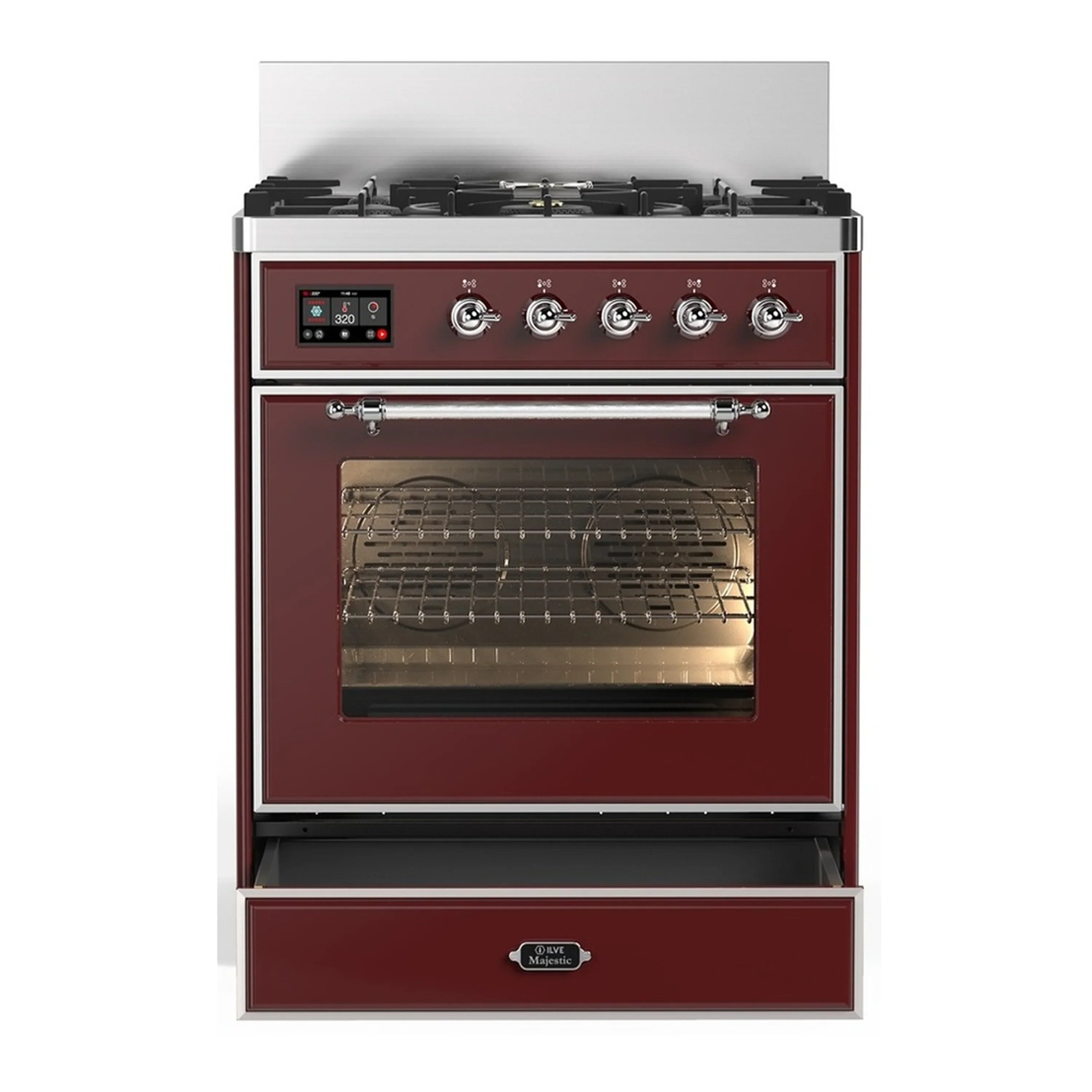 ILVE Majestic III 30-inch Dual Fuel Range with 5 Liquid Propane Burner and Triple Glass Door Electric Oven in Burgundy with Chrome Trim (UM30NR3BUCLP) - Image 3