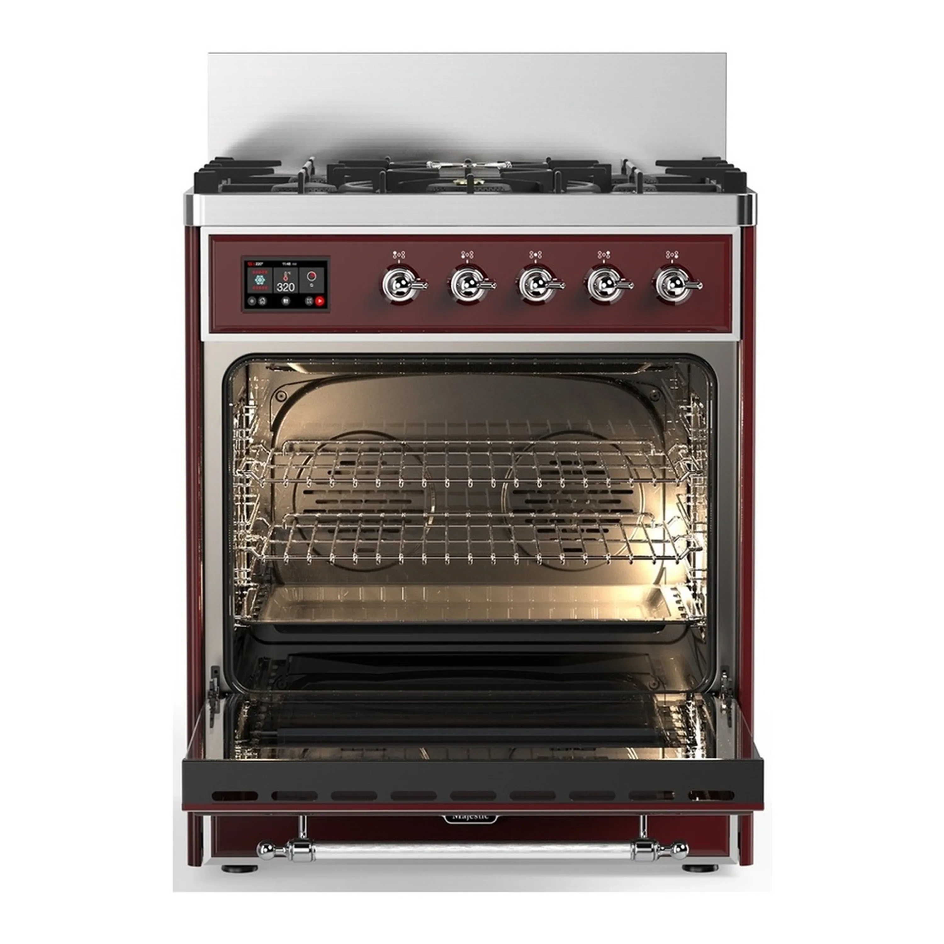 ILVE Majestic III 30-inch Dual Fuel Range with 5 Natural Gas Burner and Solid Door Electric Oven in Burgundy with Chrome Trim (UM30QNR3BUC) - Image 4