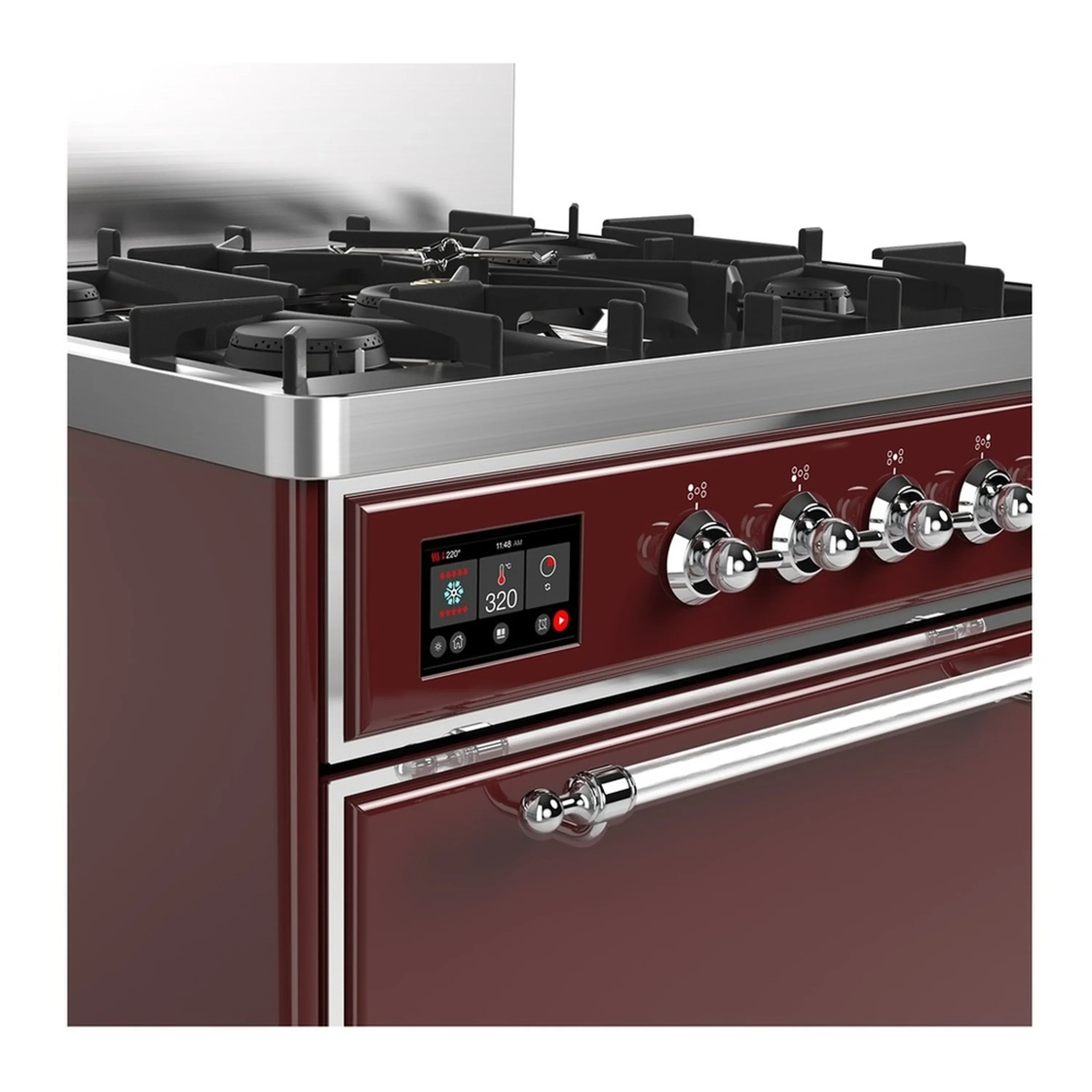 ILVE Majestic III 30-inch Dual Fuel Range with 5 Natural Gas Burner and Solid Door Electric Oven in Burgundy with Chrome Trim (UM30QNR3BUC) - Image 5